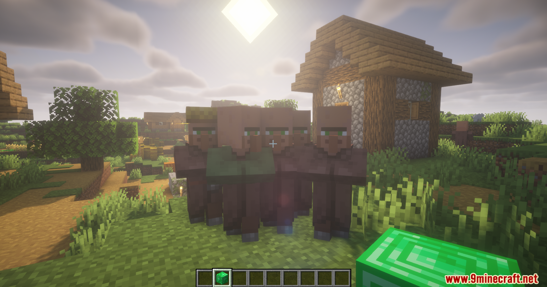 Simple Villager Follow Mod Screenshot 7 A group of villagers looking at a player holding an emerald block