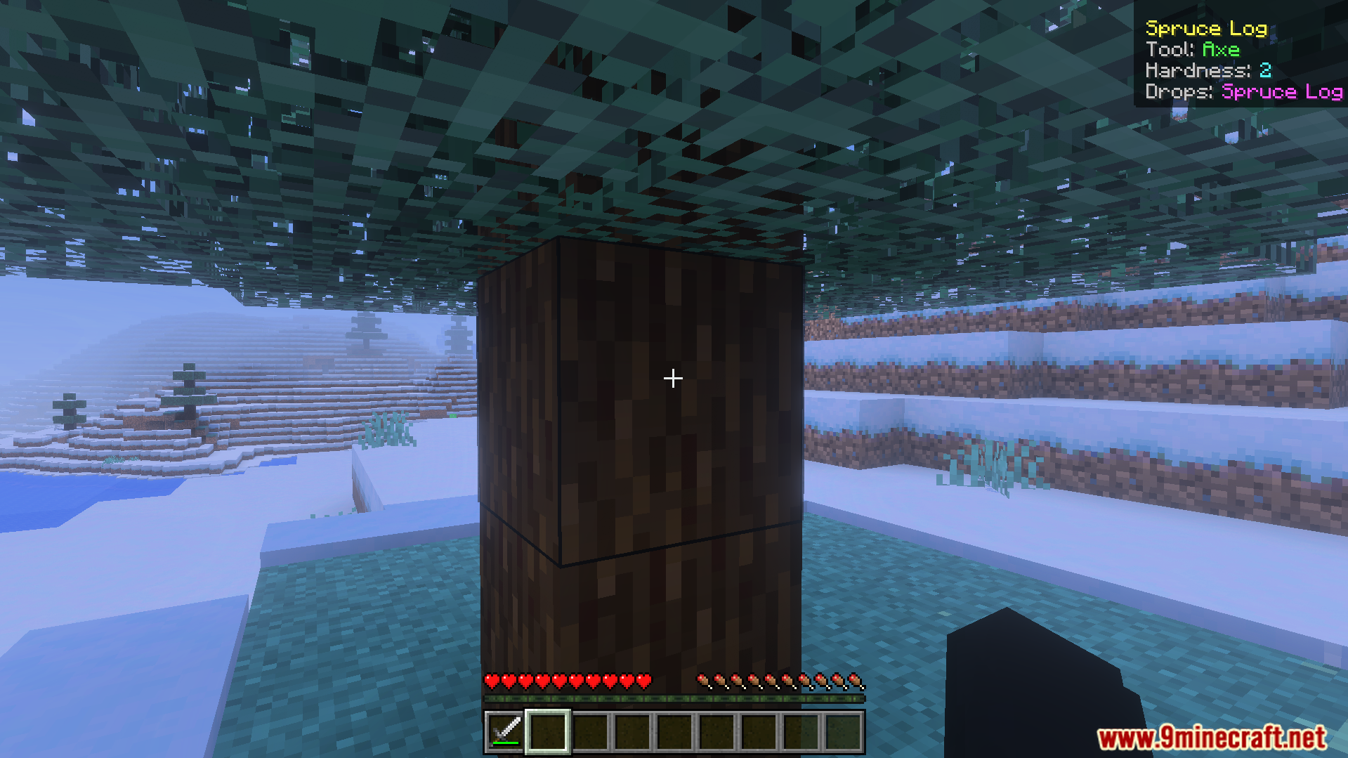 Addon interface displaying hardness and tool information for a spruce log