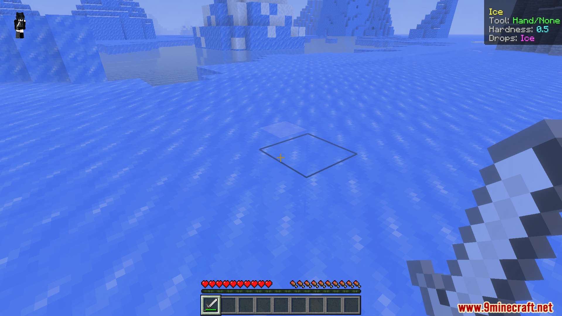 Simple What Am I Looking At Addon showing ice block details on screen