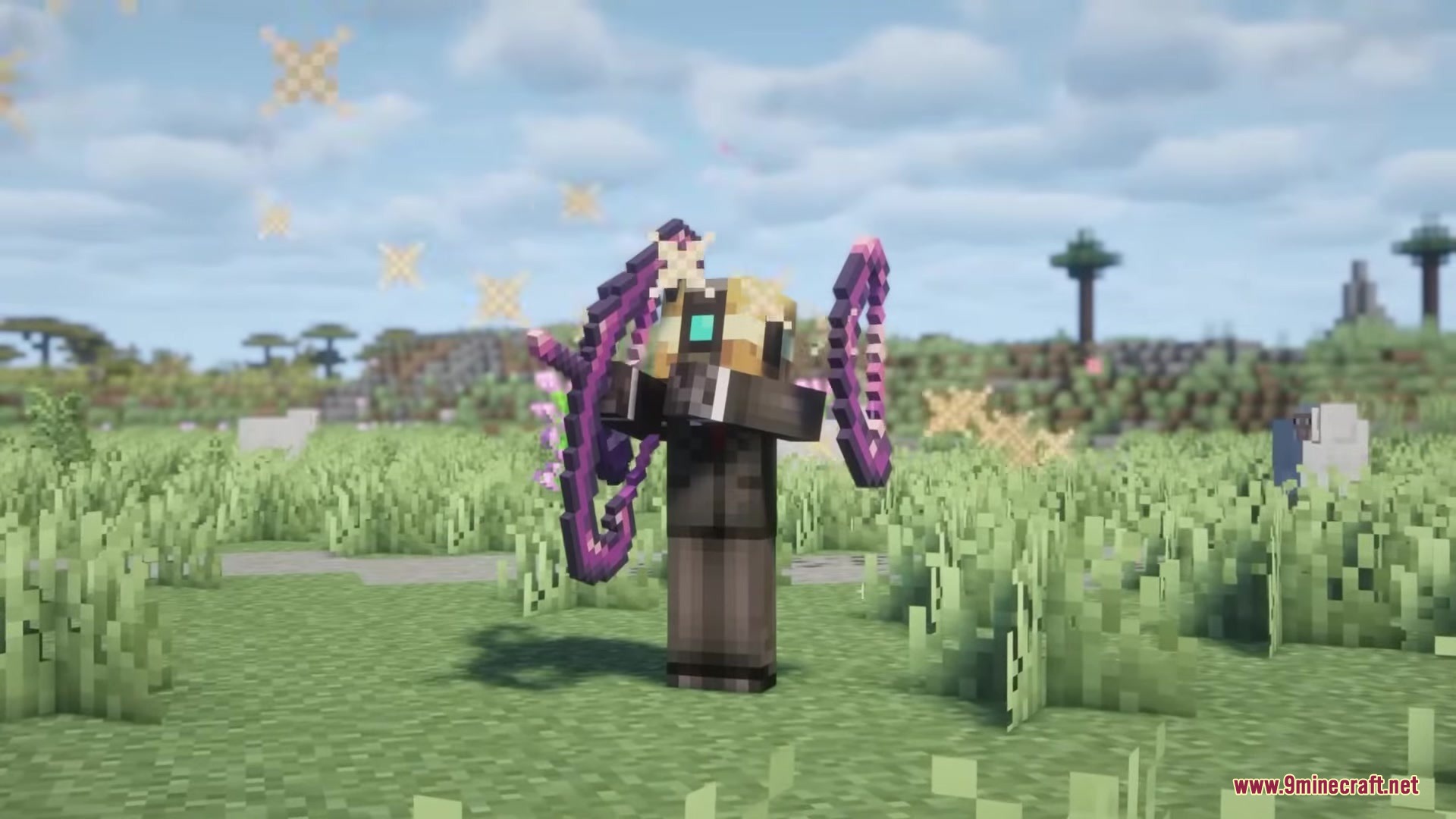 Simply Bows Mod Screenshot 1 A Minecraft player showcases a magical purple bow from the Simply Bows Mod