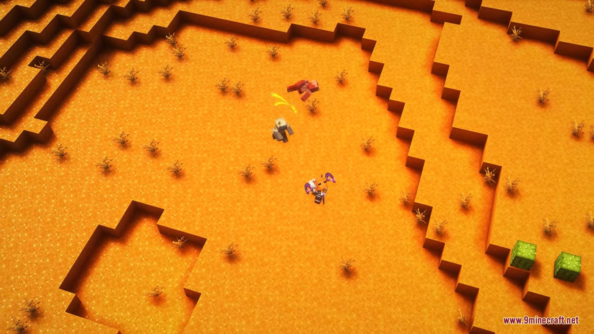 Simply Bows Mod Screenshot 10 The player fires a glowing arrow at a mob in the desert biome