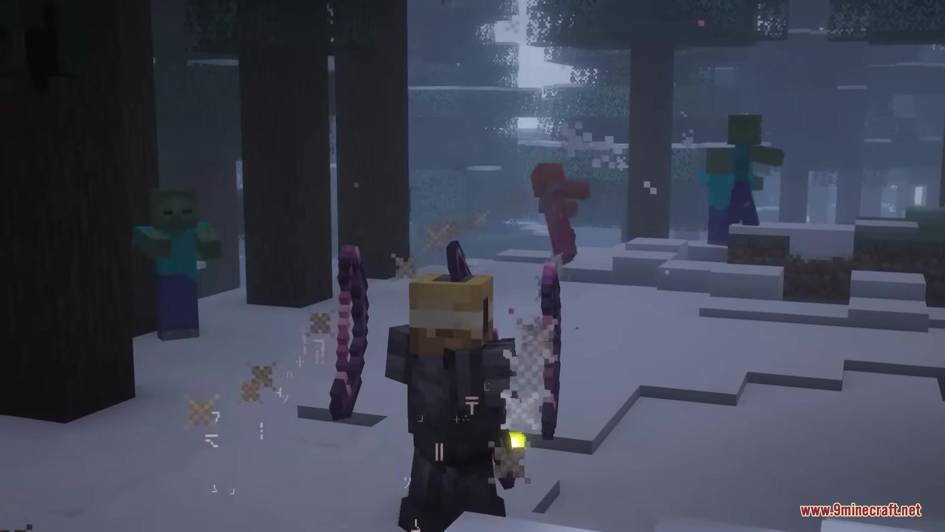 Simply Bows Mod Screenshot 2 Player fighting zombies in a snowy forest using a powerful enchanted purple bow