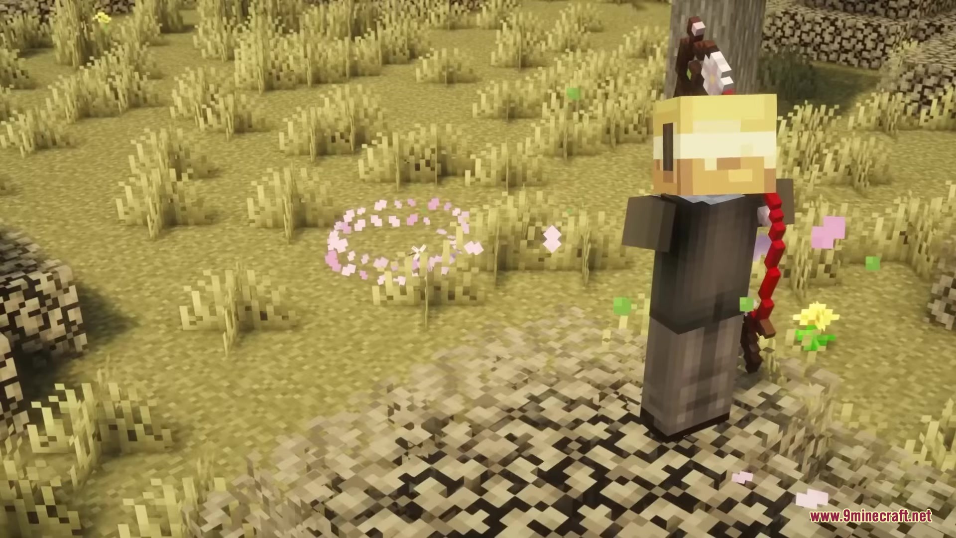 Simply Bows Mod Screenshot 3 Blindfolded player holding a red bow with pink particles on the ground