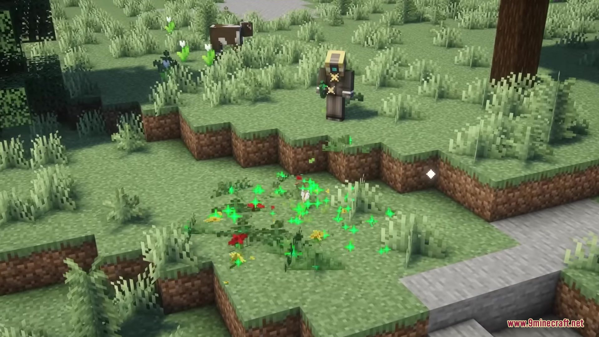 Simply Bows Mod Screenshot 4 Player holding a bow while green particles and flowers spawn nearby