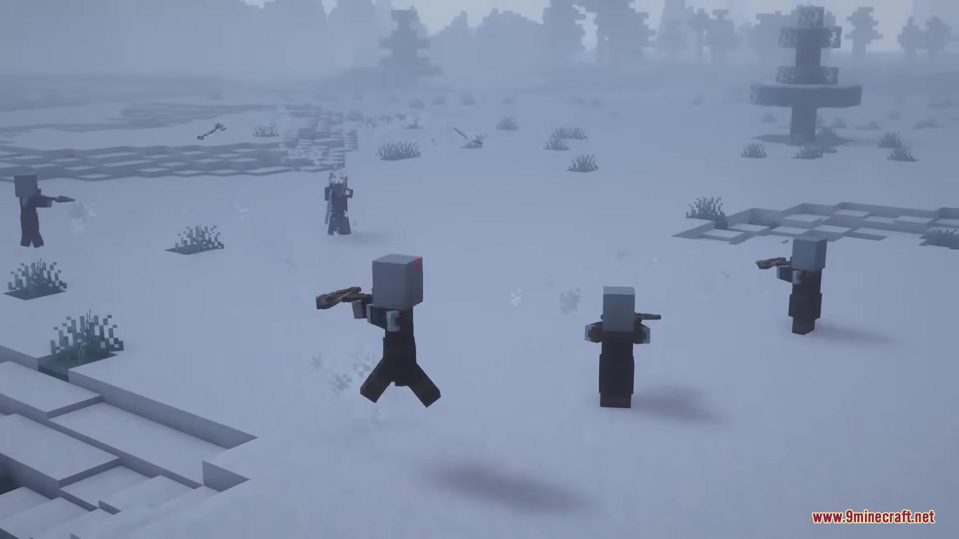 Simply Bows Mod Screenshot 5 Hostile mobs equipped with crossbows standing in a foggy and snowy biome