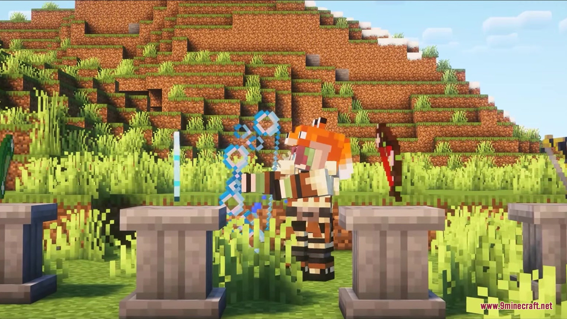 Simply Bows Mod Screenshot 6 A player wearing a fox hat aims a magical glowing blue bow