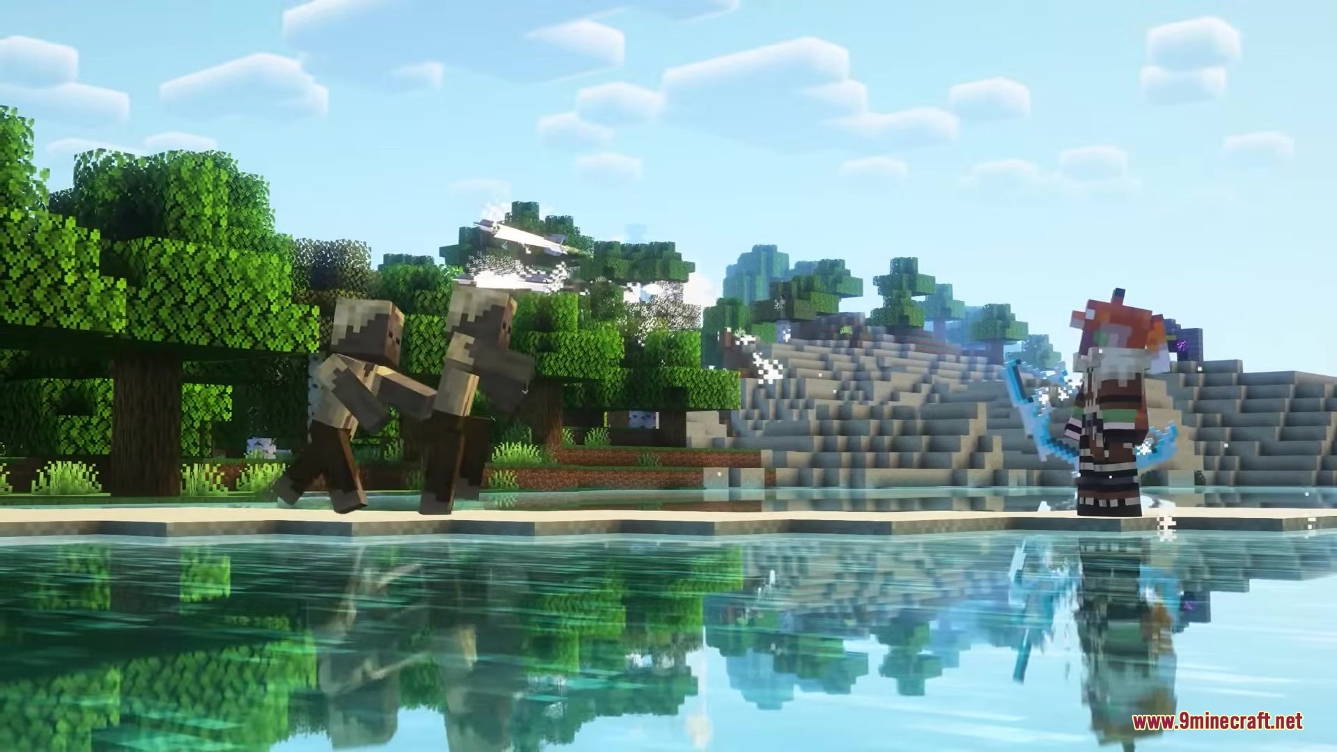 Simply Bows Mod Screenshot 7 A player holding a blue bow faces two hostile mobs by a lake