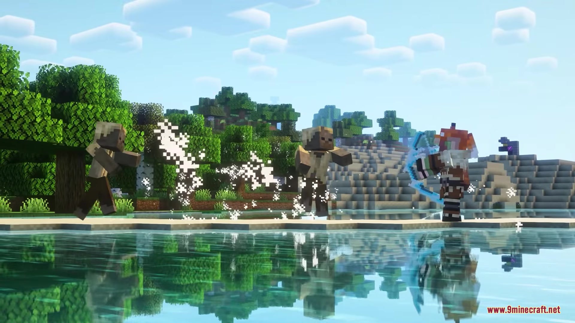 Simply Bows Mod Screenshot 8 The player shoots a magical arrow from a blue bow at attacking mobs