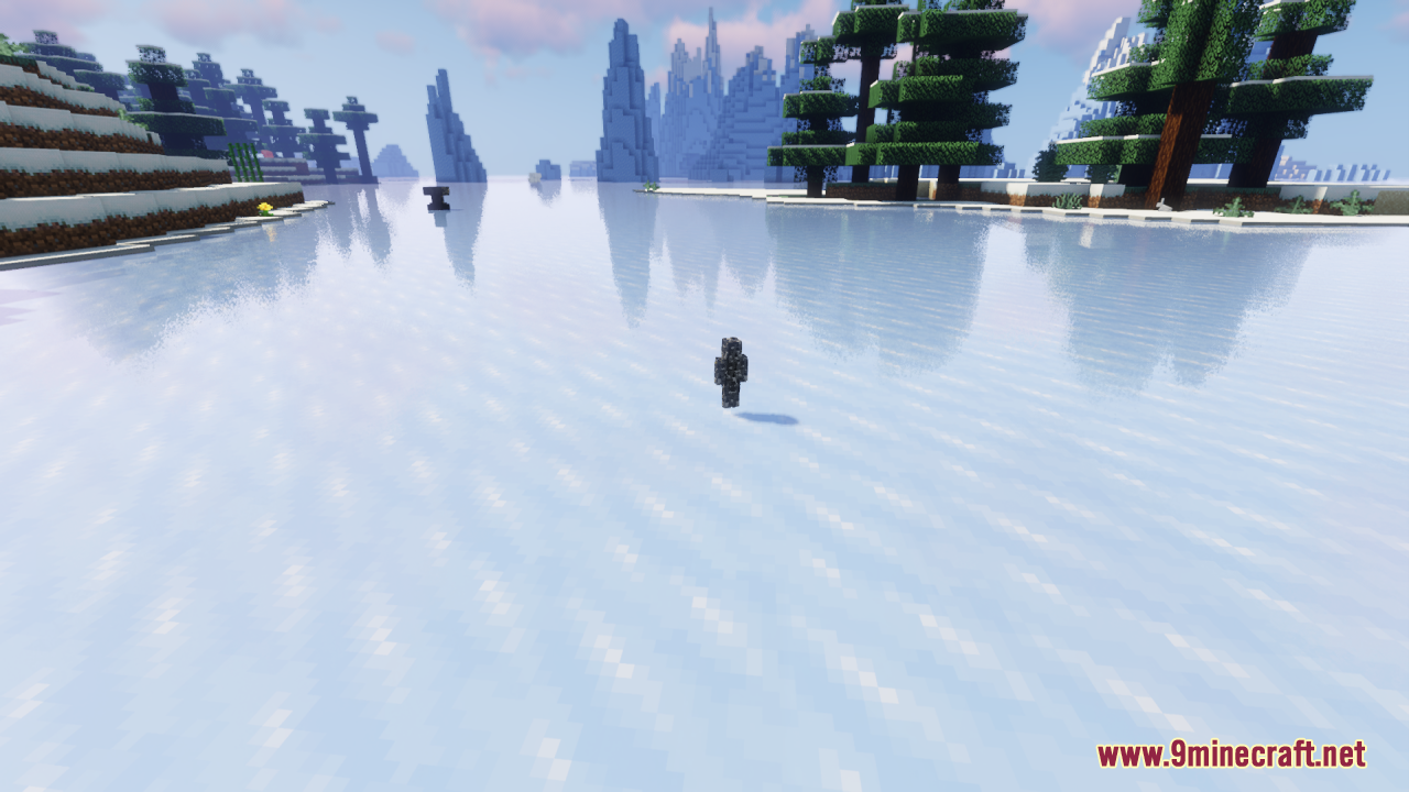 Skin Totem 3D Edition Resource Pack Screenshot 12 A player standing on a frozen lake in a snowy Minecraft biome