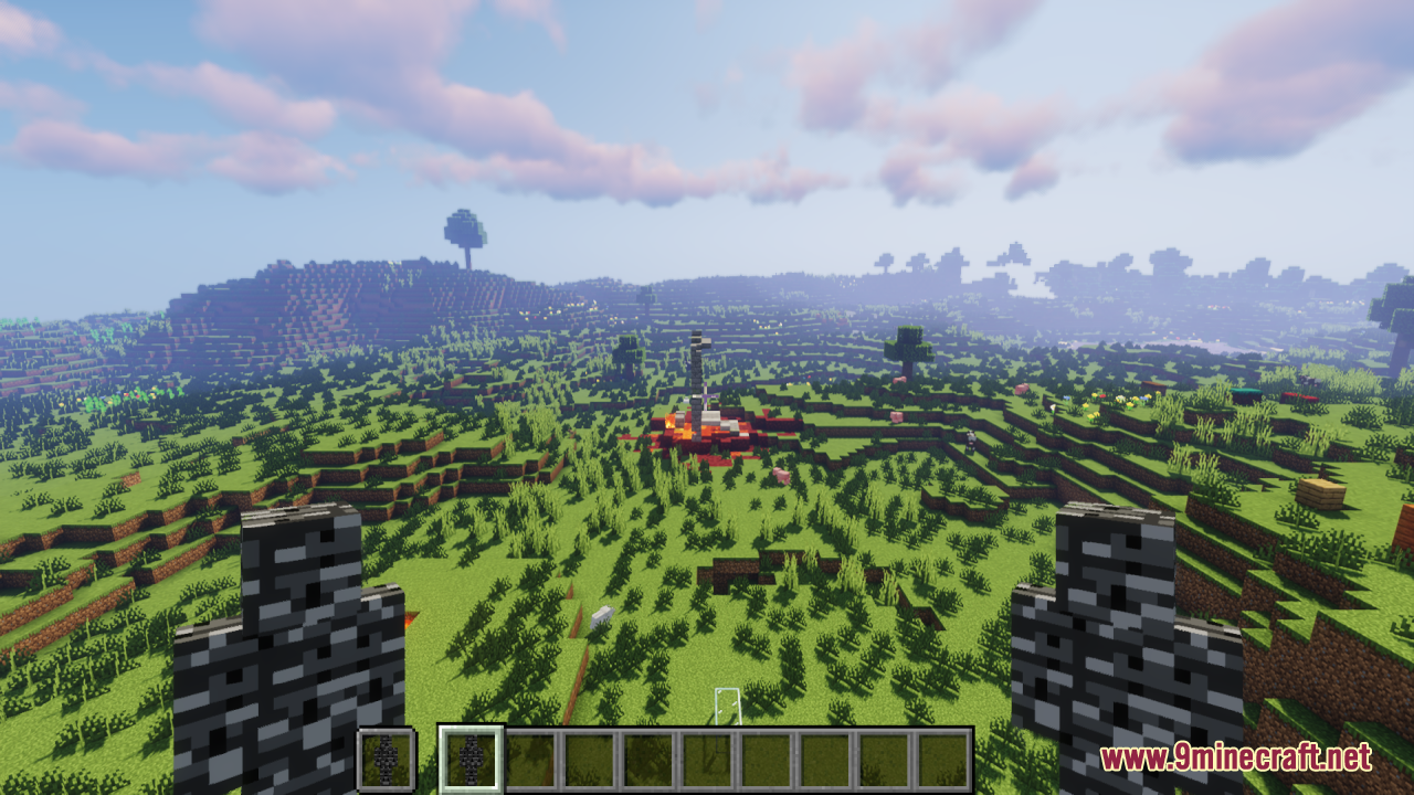 Skin Totem 3D Edition Resource Pack Screenshot 2 Wide view of a Minecraft world with two custom 3D skin totems