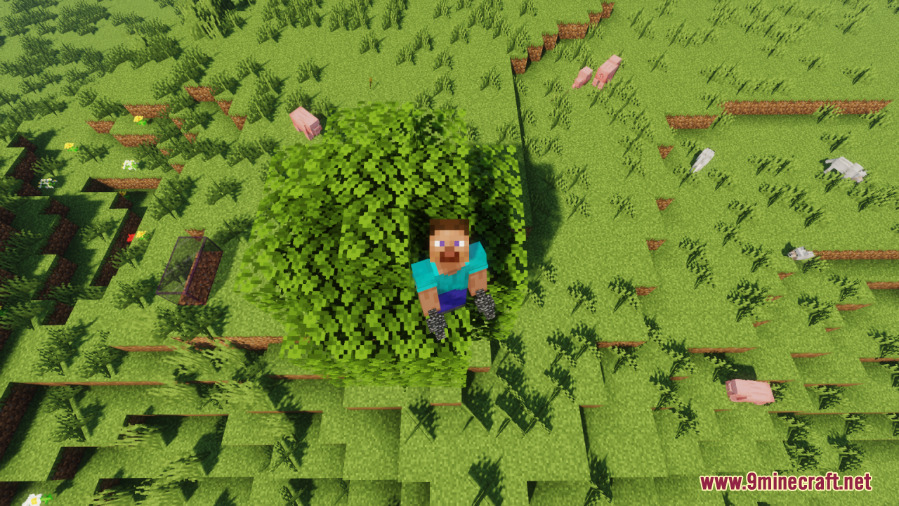 Skin Totem 3D Edition Resource Pack Screenshot 3 Minecraft player standing inside a bush holding two mini 3D skin totems