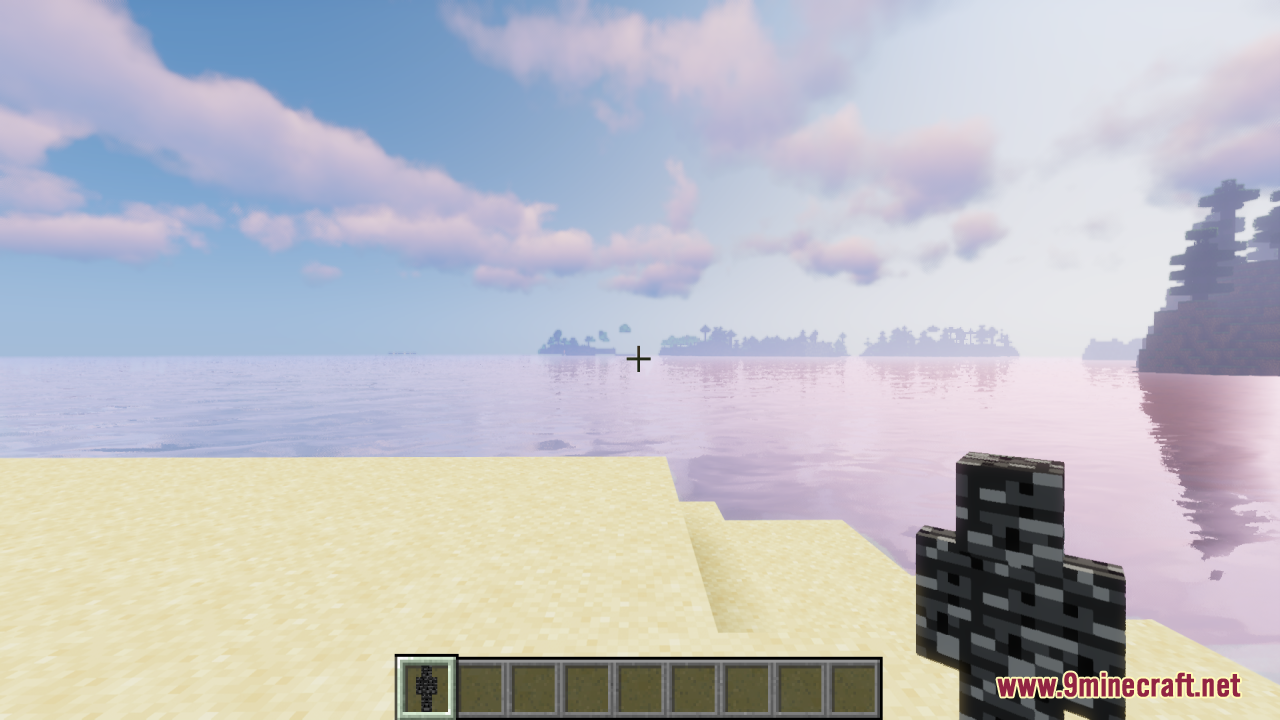 Skin Totem 3D Edition Resource Pack Screenshot 6 A player holding a 3D character totem while standing on a sandy beach