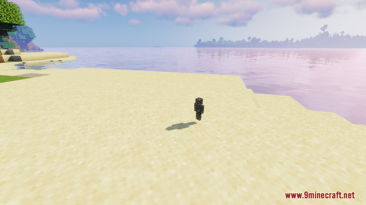 Skin Totem 3D Edition Resource Pack Screenshot 8 A mini 3D player model totem standing on the sand near water
