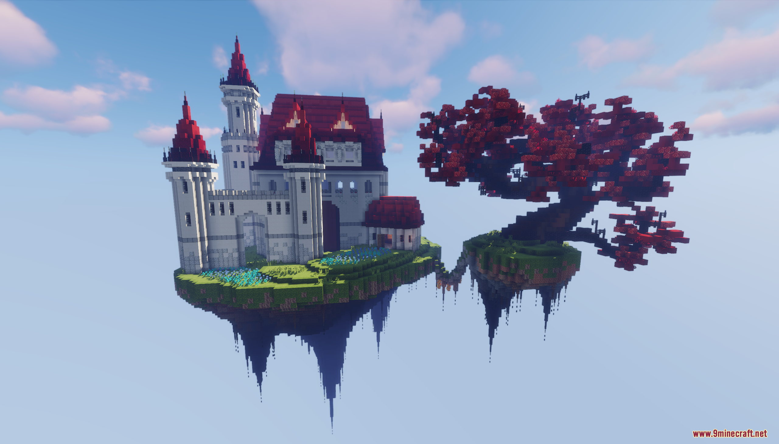 A majestic white castle and a large red tree on the Sky Island Map