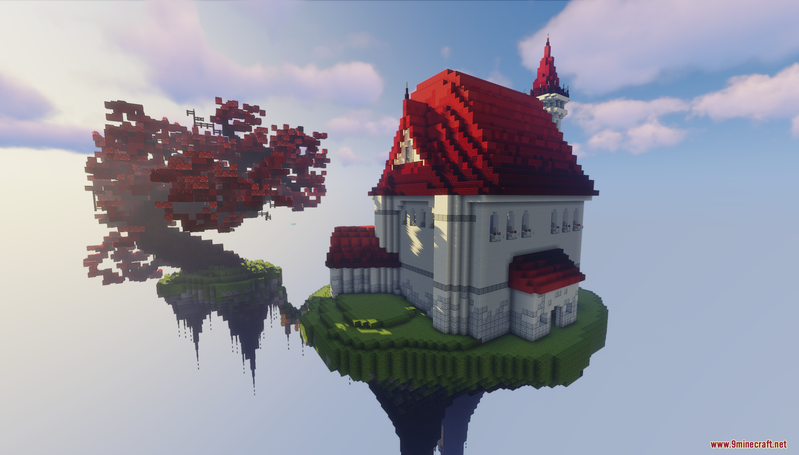 Rear view of a white castle with red roofs on a floating island