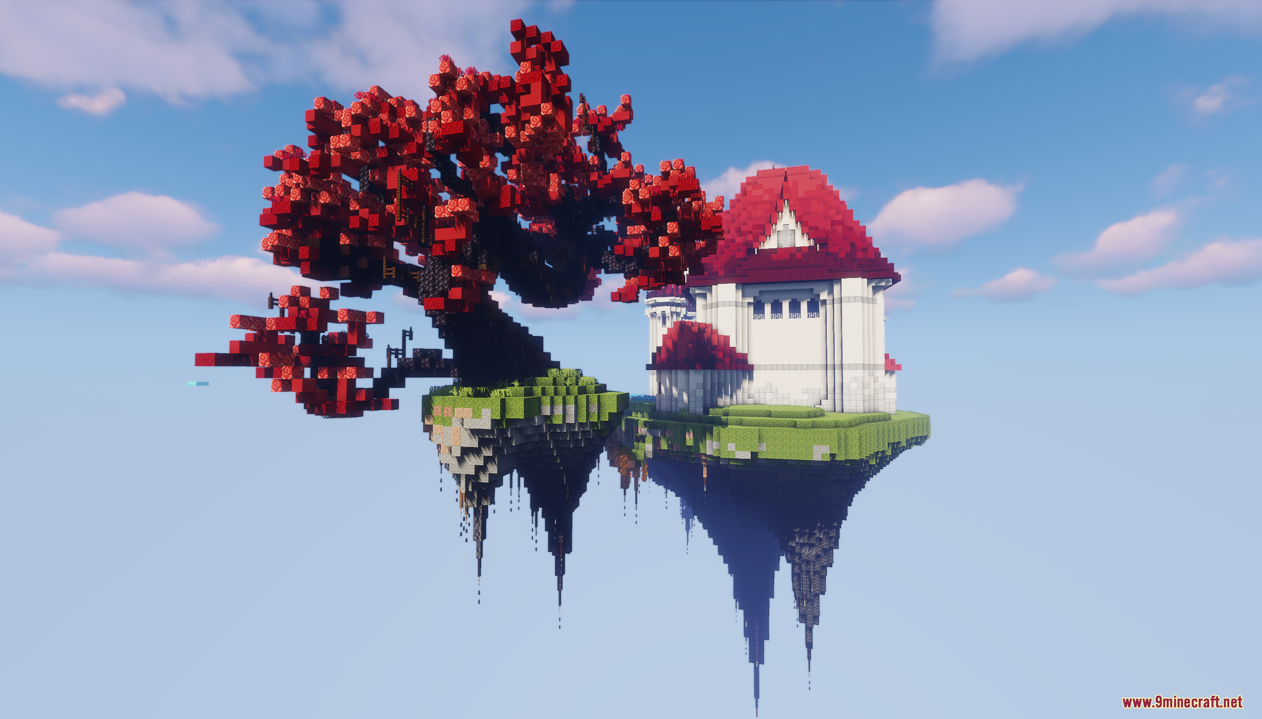 Floating islands in the sky featuring a red tree and a white house