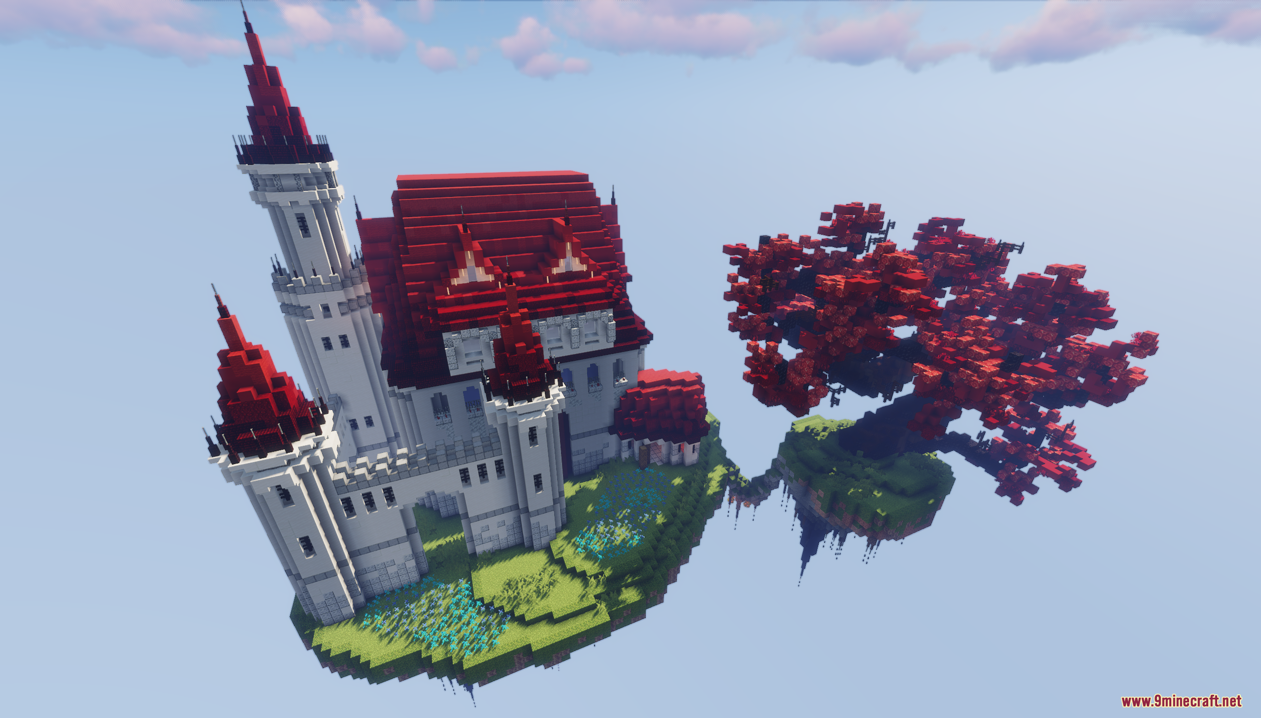 A large white castle with red roofs on the Sky Island Map
