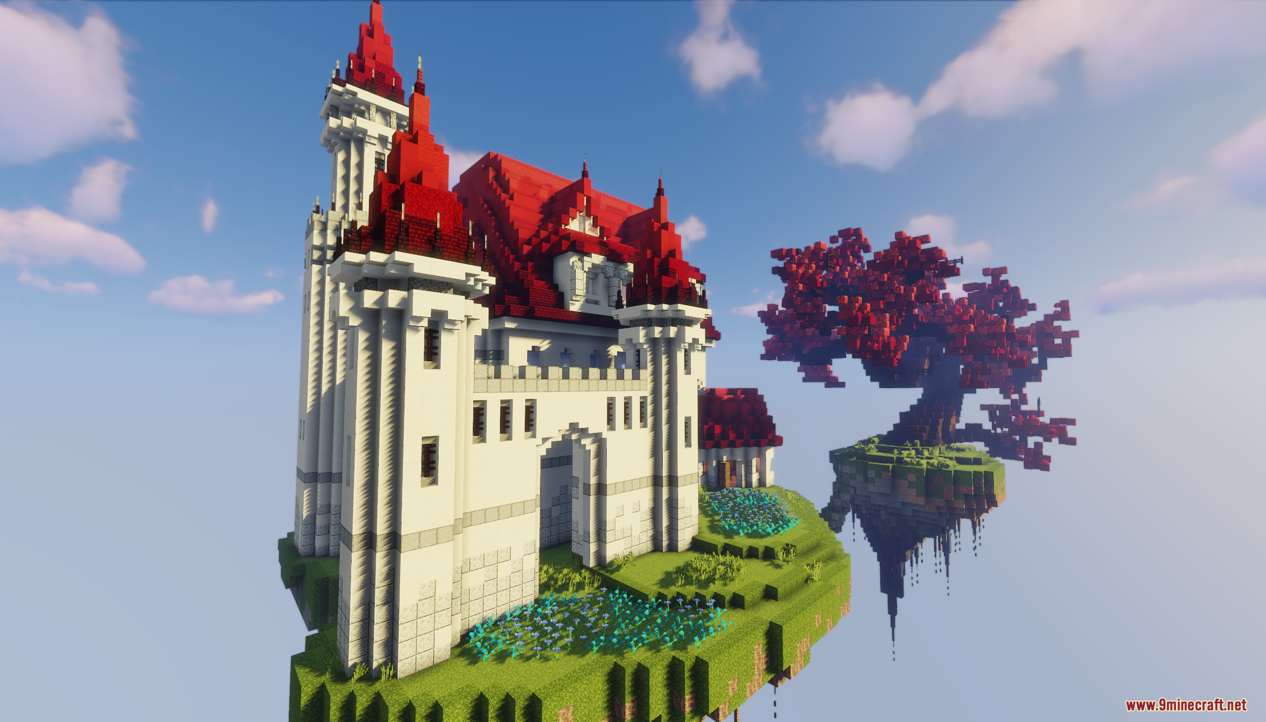 A majestic white castle and a red tree on floating islands