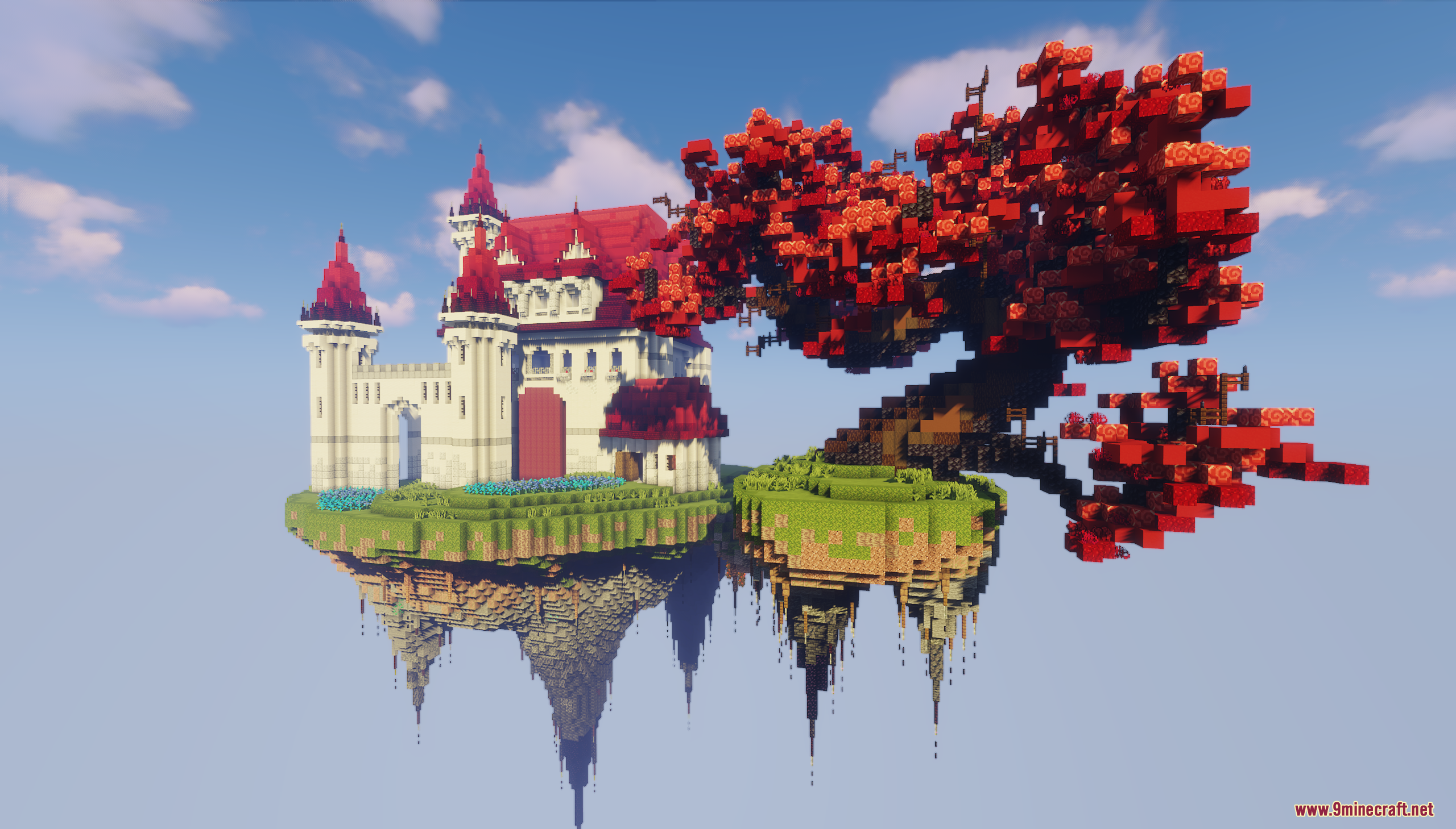 A white castle and a giant red tree on floating islands in the sky