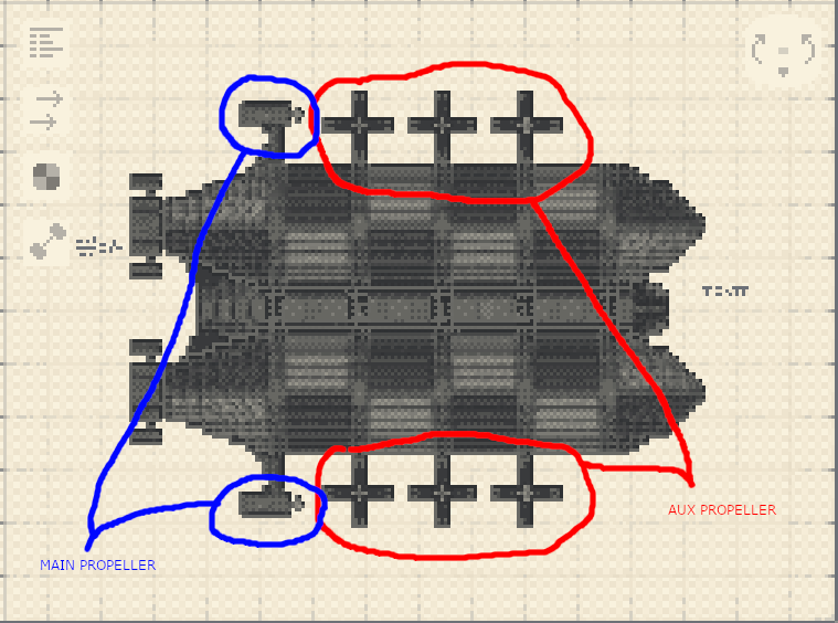 Sky Monarch Large Battle Airship Schematic Screenshots 2 Schematic showing main and auxiliary propellers on a large battle airship