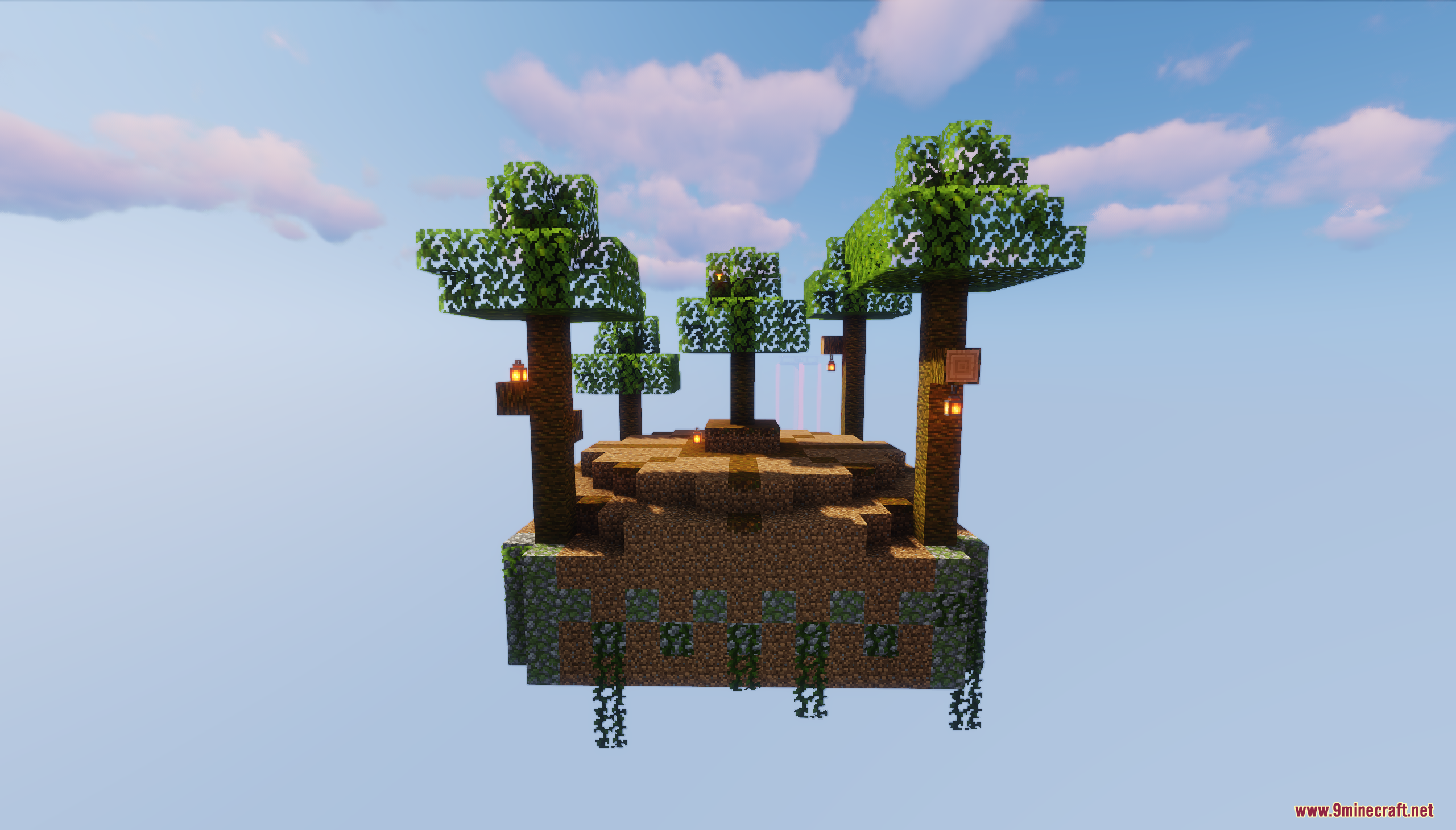 SkyLand Origins Map Screenshot 6 A lush floating island with oak trees and lanterns in the sky