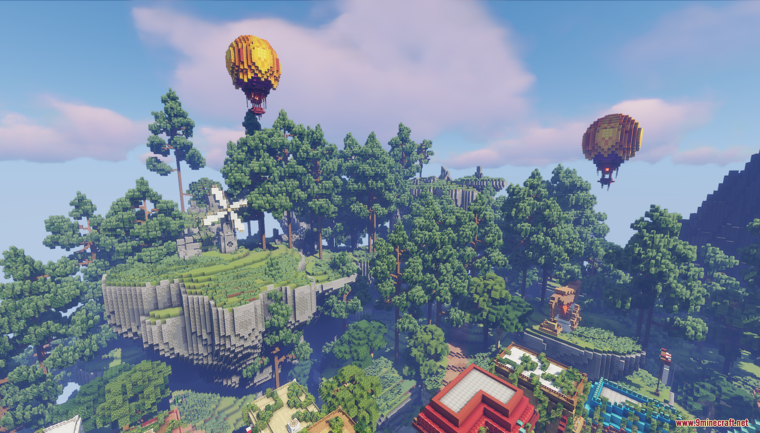 SkyRoot Spawn Map Screenshot 1 Floating island with a windmill and hot air balloons over a lush forest