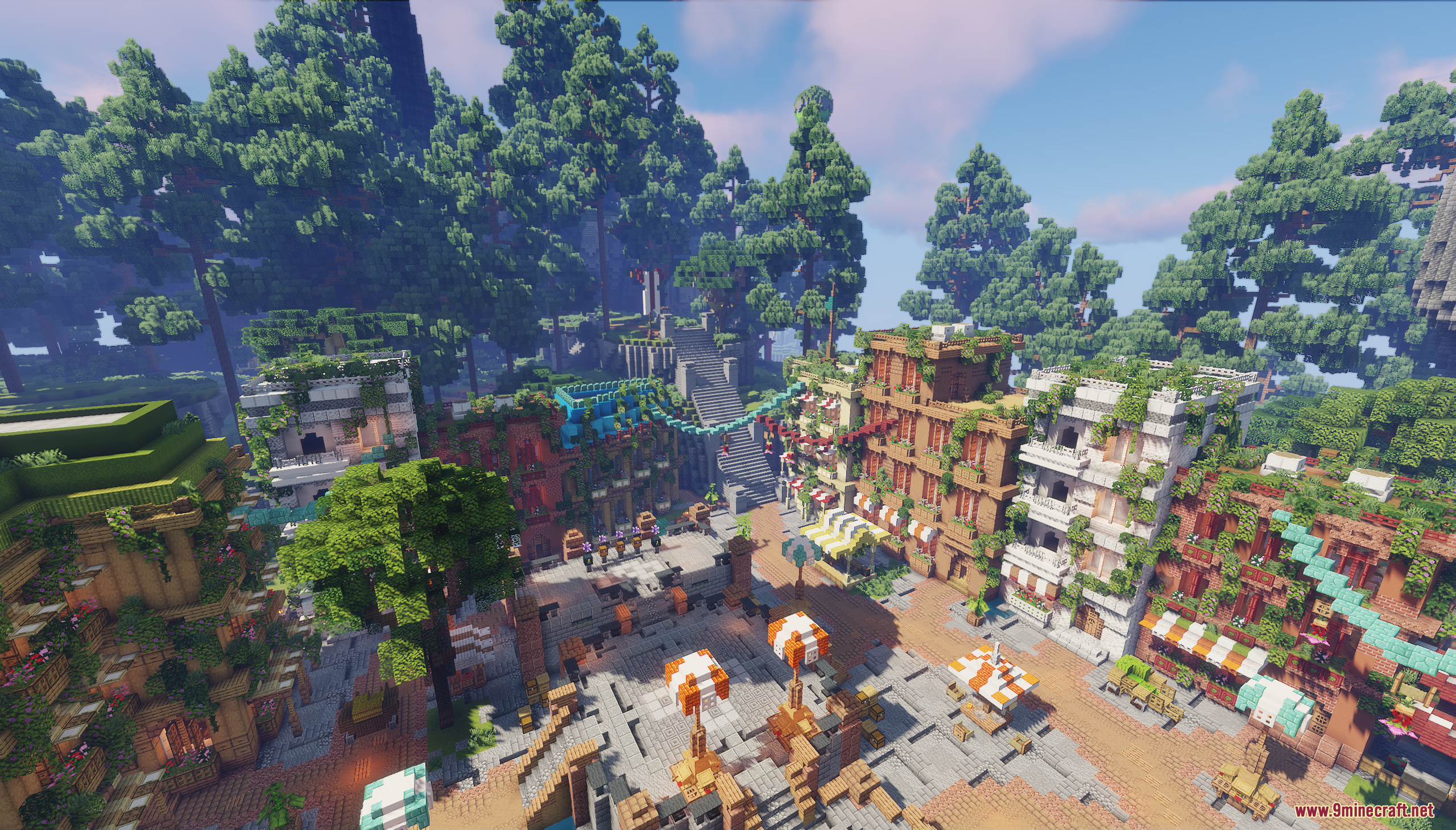 SkyRoot Spawn Map Screenshot 2 Bustling town square with overgrown buildings and colorful market stalls in a forest