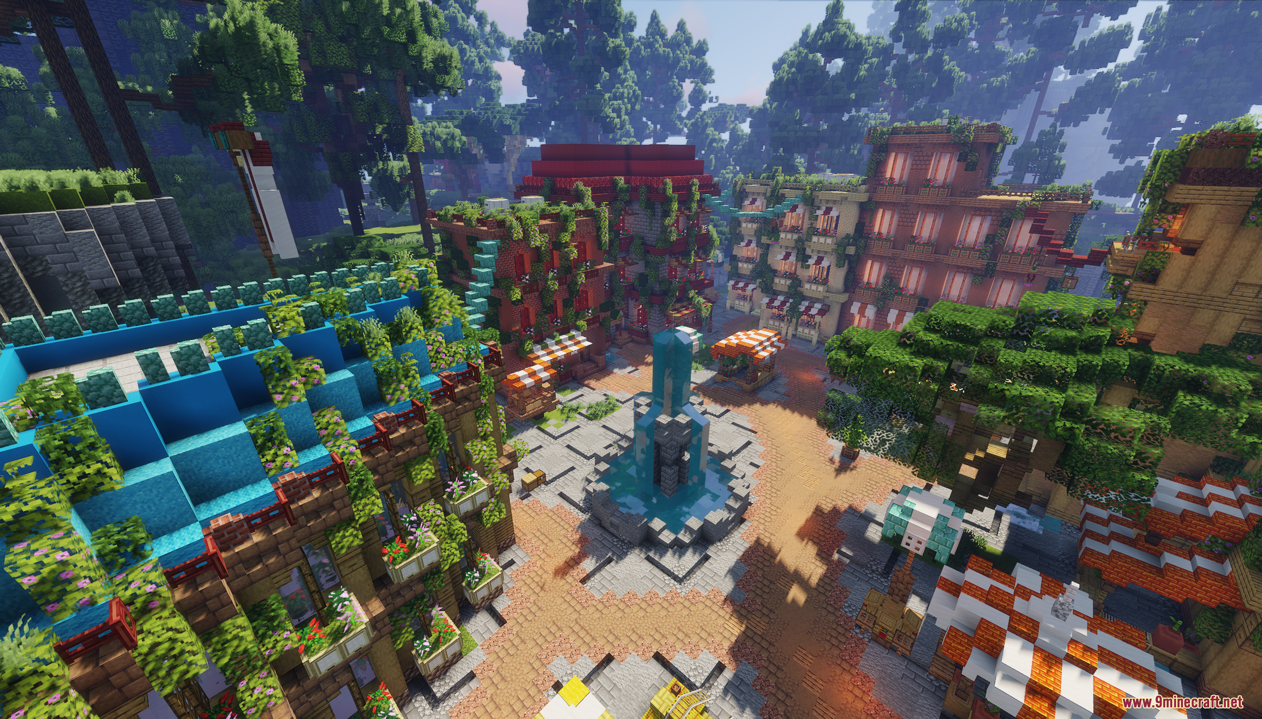 SkyRoot Spawn Map Screenshot 3 Overview of the SkyRoot Spawn Map with a central fountain and colorful buildings