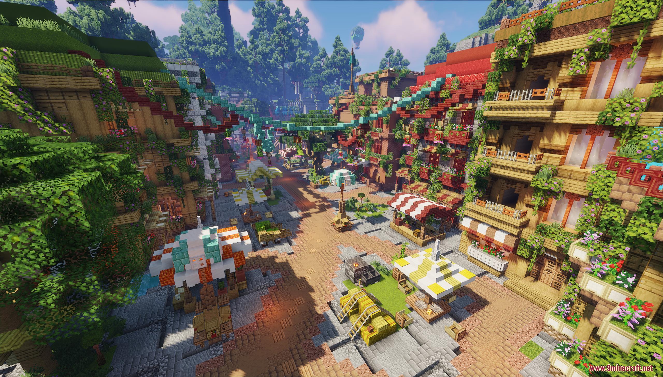 SkyRoot Spawn Map Screenshot 4 A detailed Minecraft street view with market stalls and buildings covered in vines