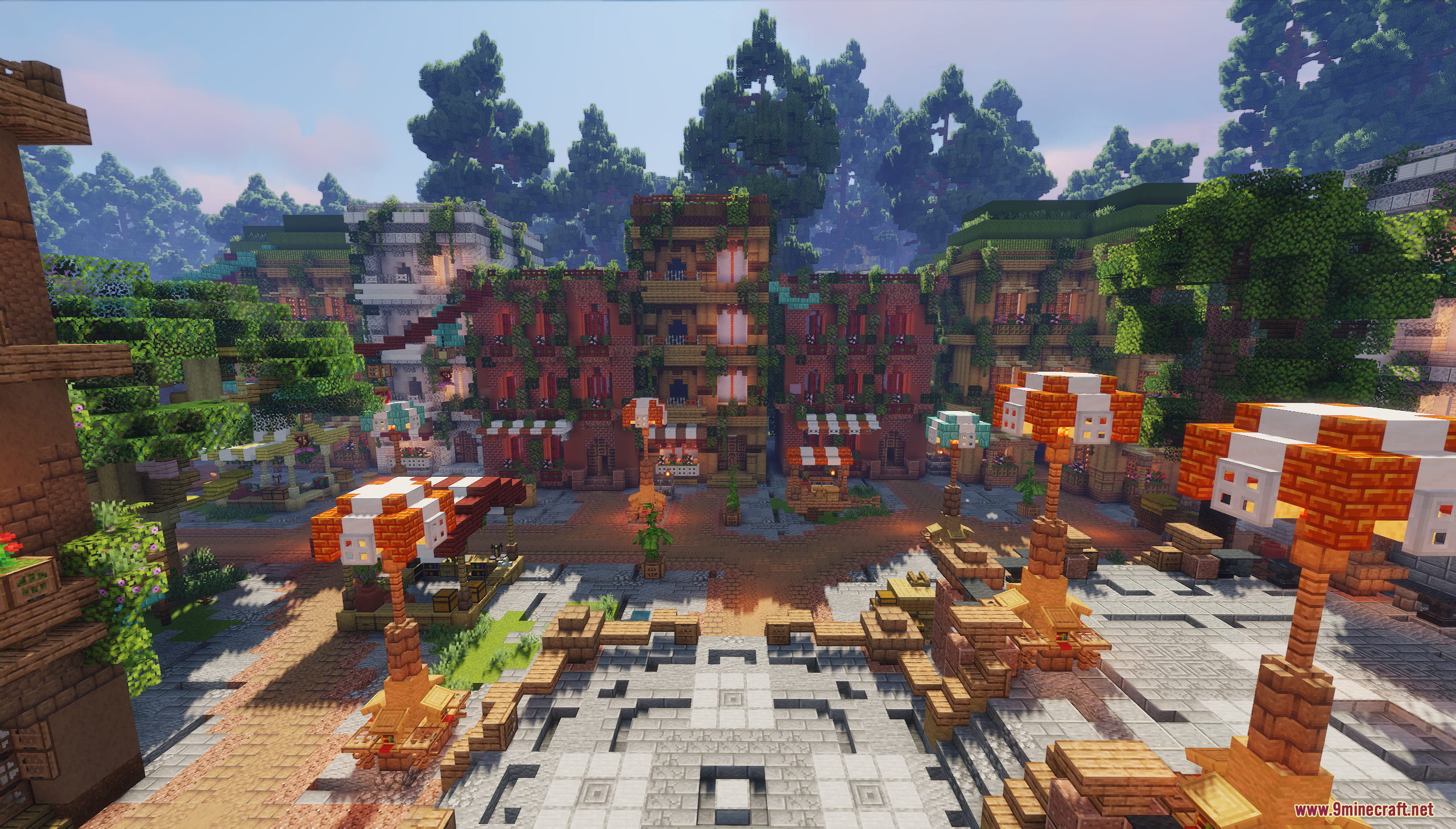 SkyRoot Spawn Map Screenshot 6 Market stalls with orange umbrellas located in the central village plaza