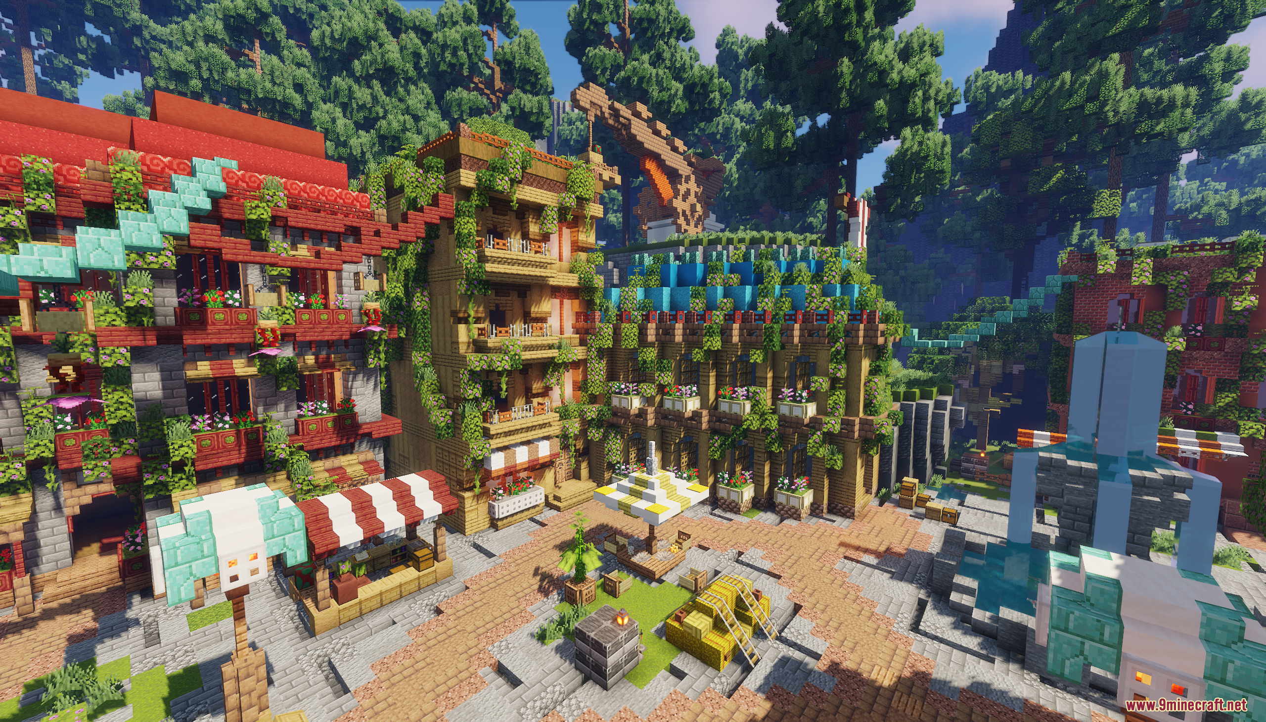 SkyRoot Spawn Map Screenshot 7 Minecraft town square with vine covered buildings and market stalls in a forest