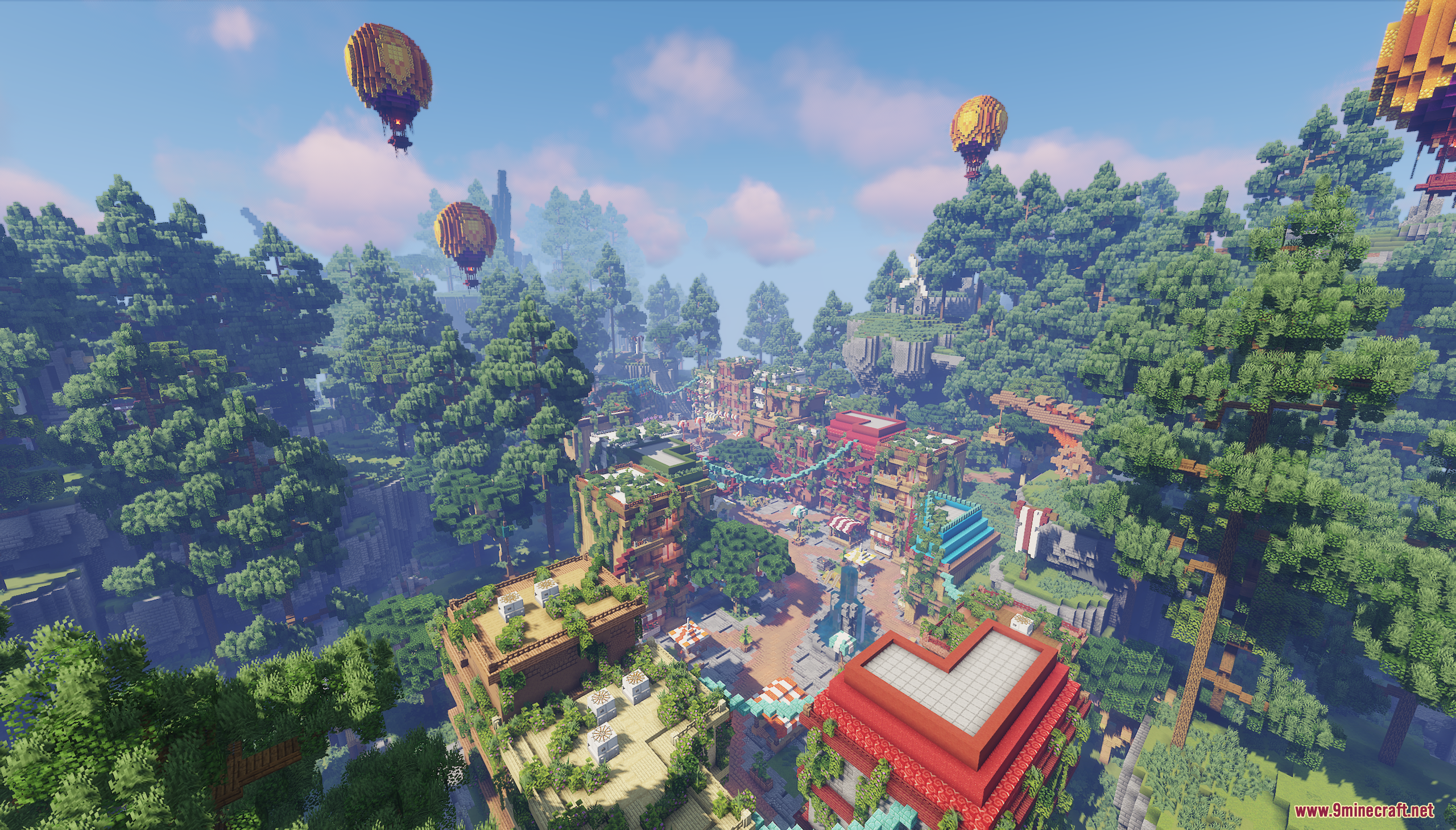 SkyRoot Spawn Map Screenshot 8 Aerial view of SkyRoot Spawn Map with hot air balloons over a forest town