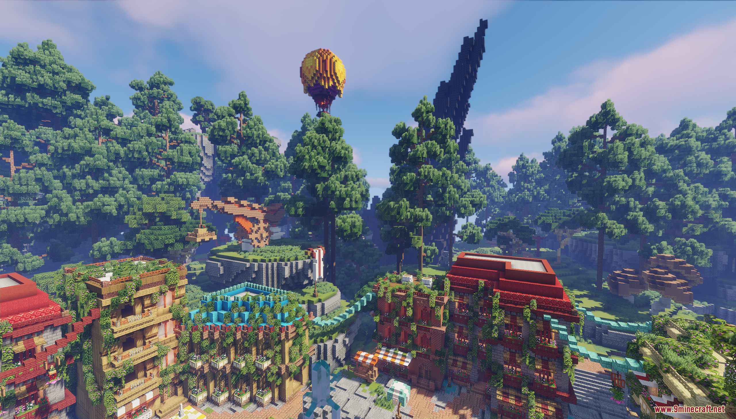 SkyRoot Spawn Map Screenshot 9 Detailed Minecraft town featuring red buildings and a floating hot air balloon