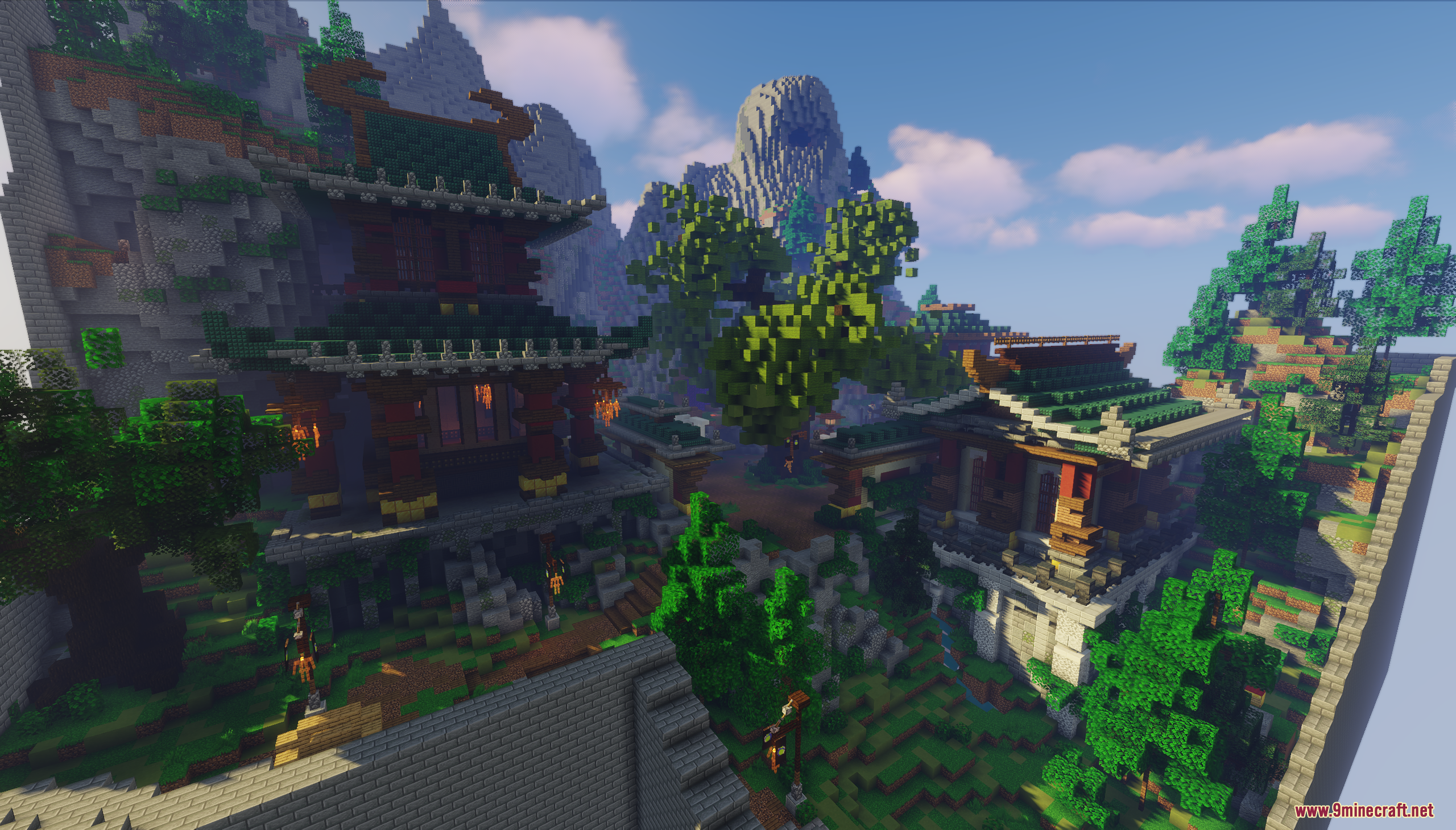 Scenic view of a SkyWars lobby map featuring traditional Asian architecture in Minecraft