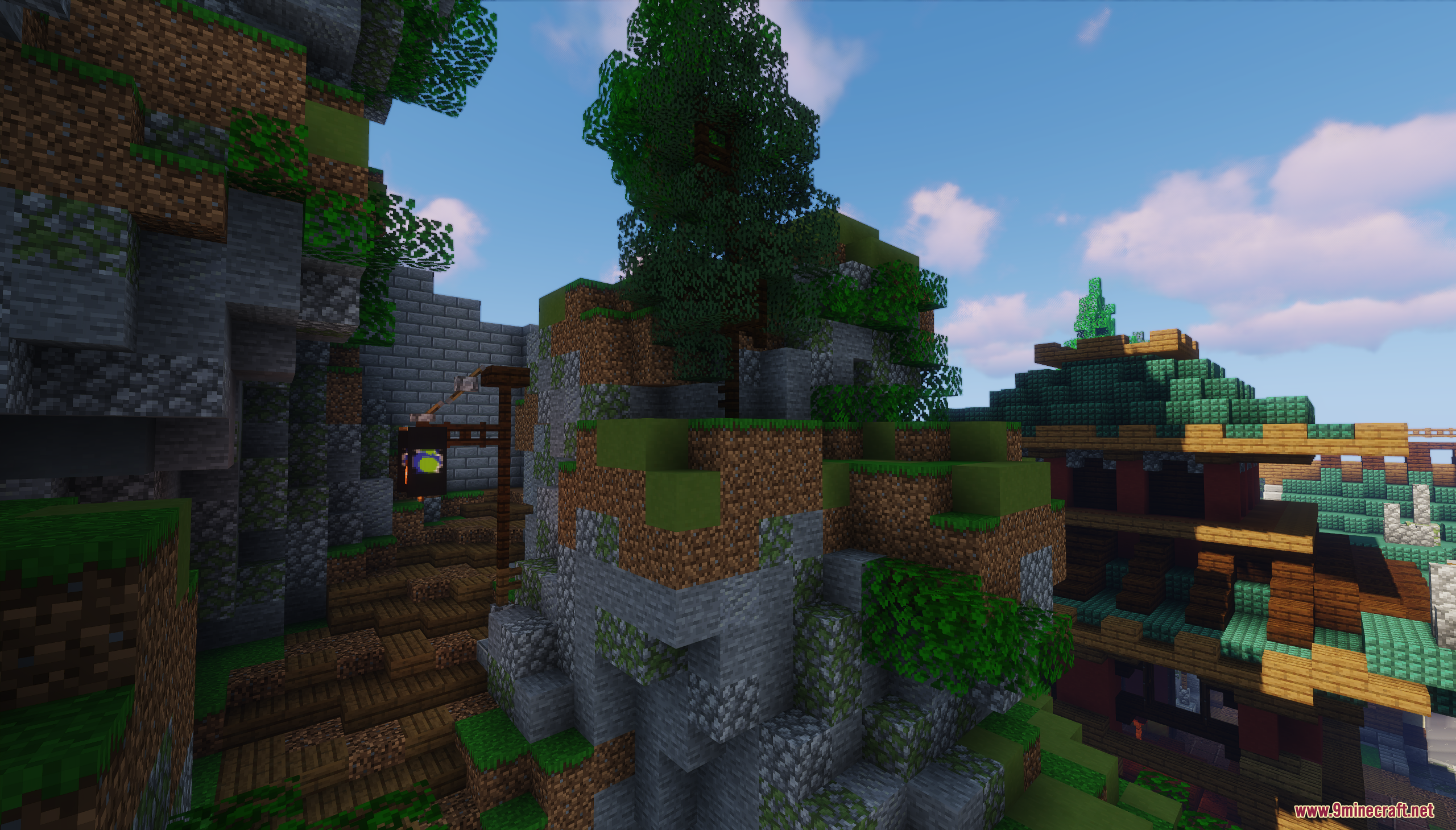 A rocky hill with stone walls and wooden buildings in Minecraft