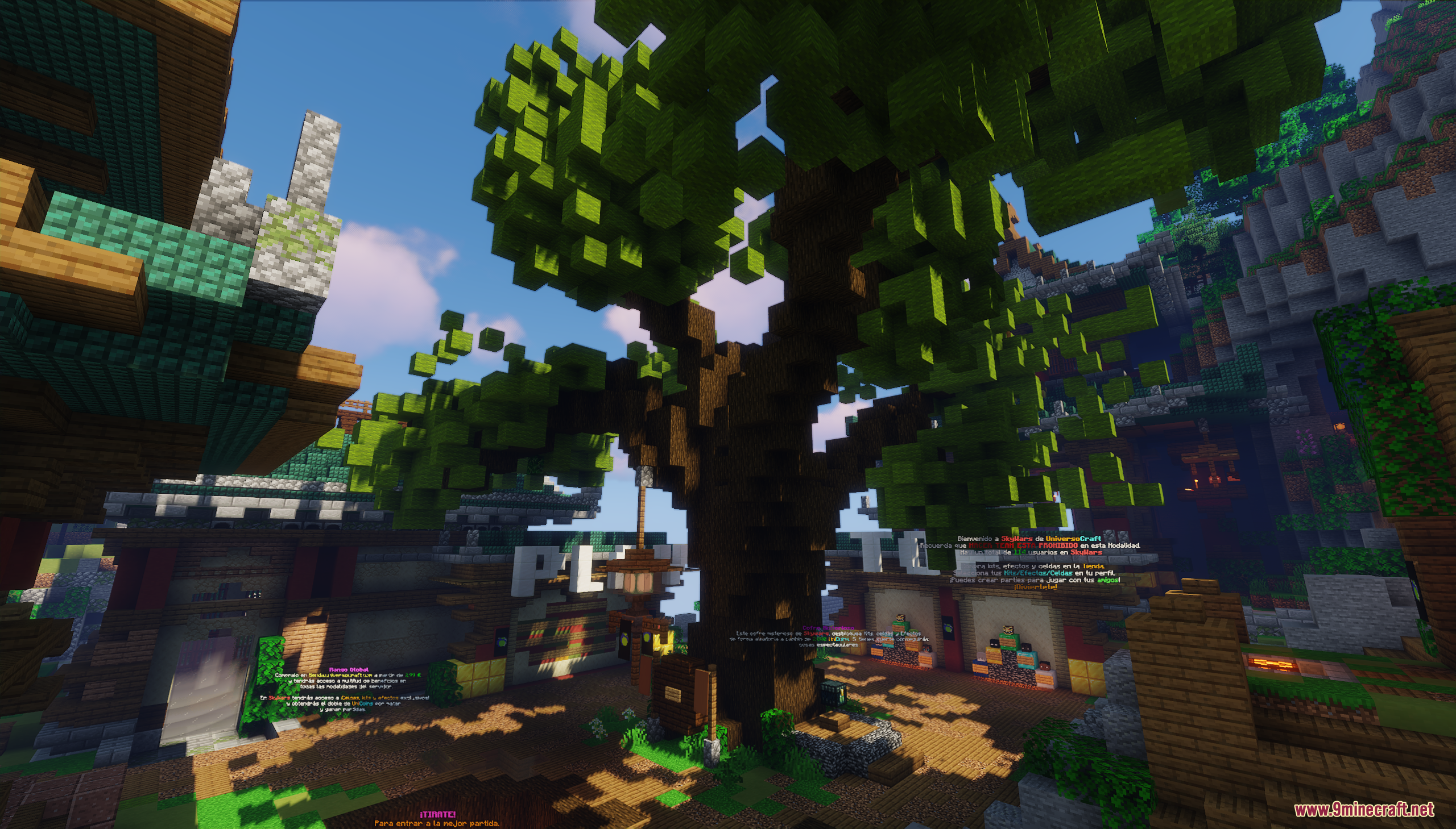 A large custom tree standing in the center of a detailed Minecraft lobby courtyard
