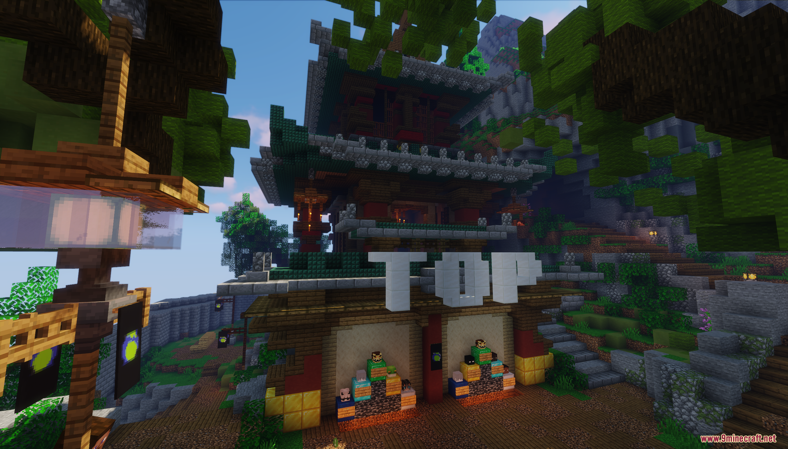 A large oriental building featuring a white TOP sign and player heads