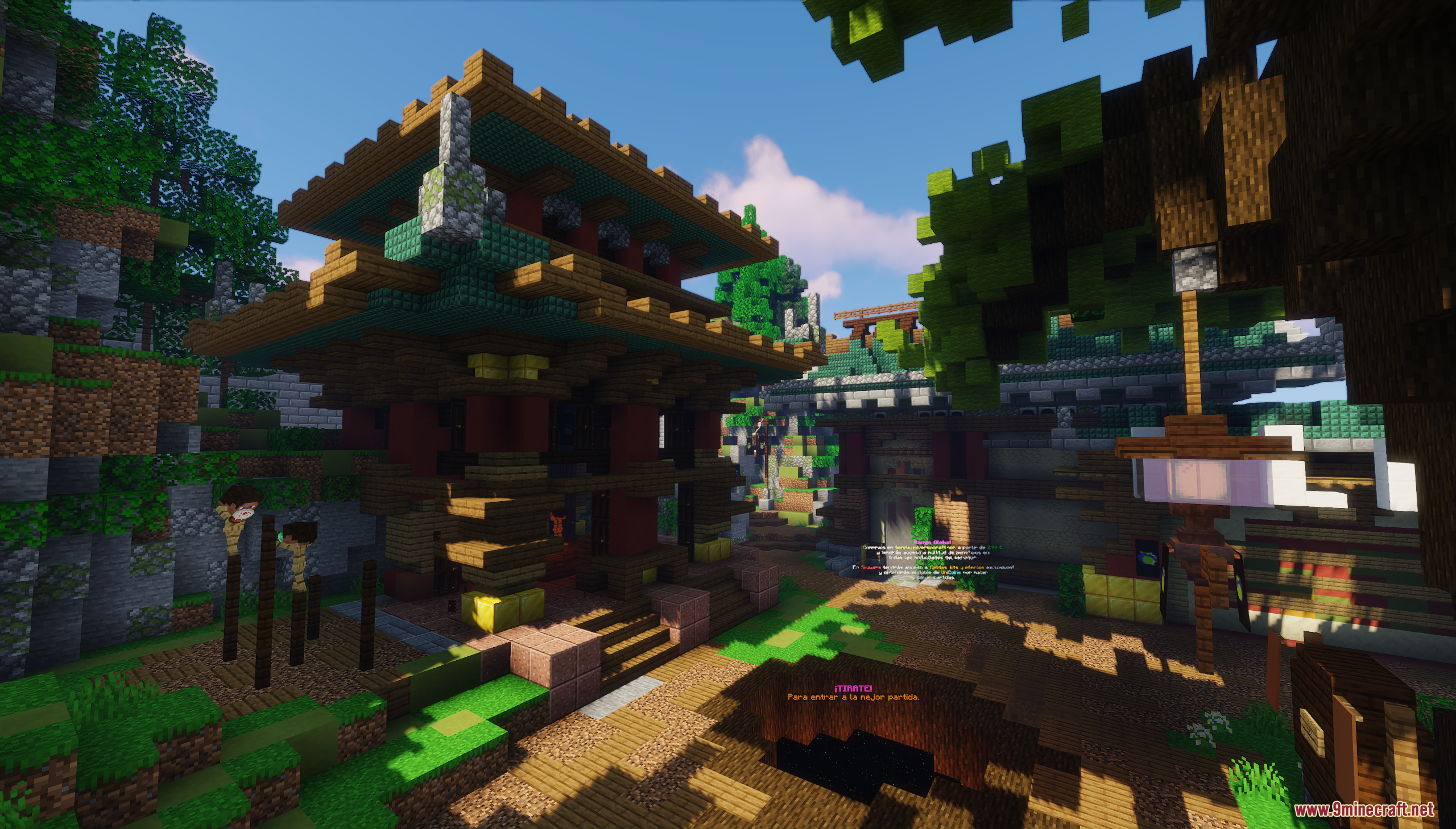 Oriental style structures and pathways in a detailed SkyWars lobby map