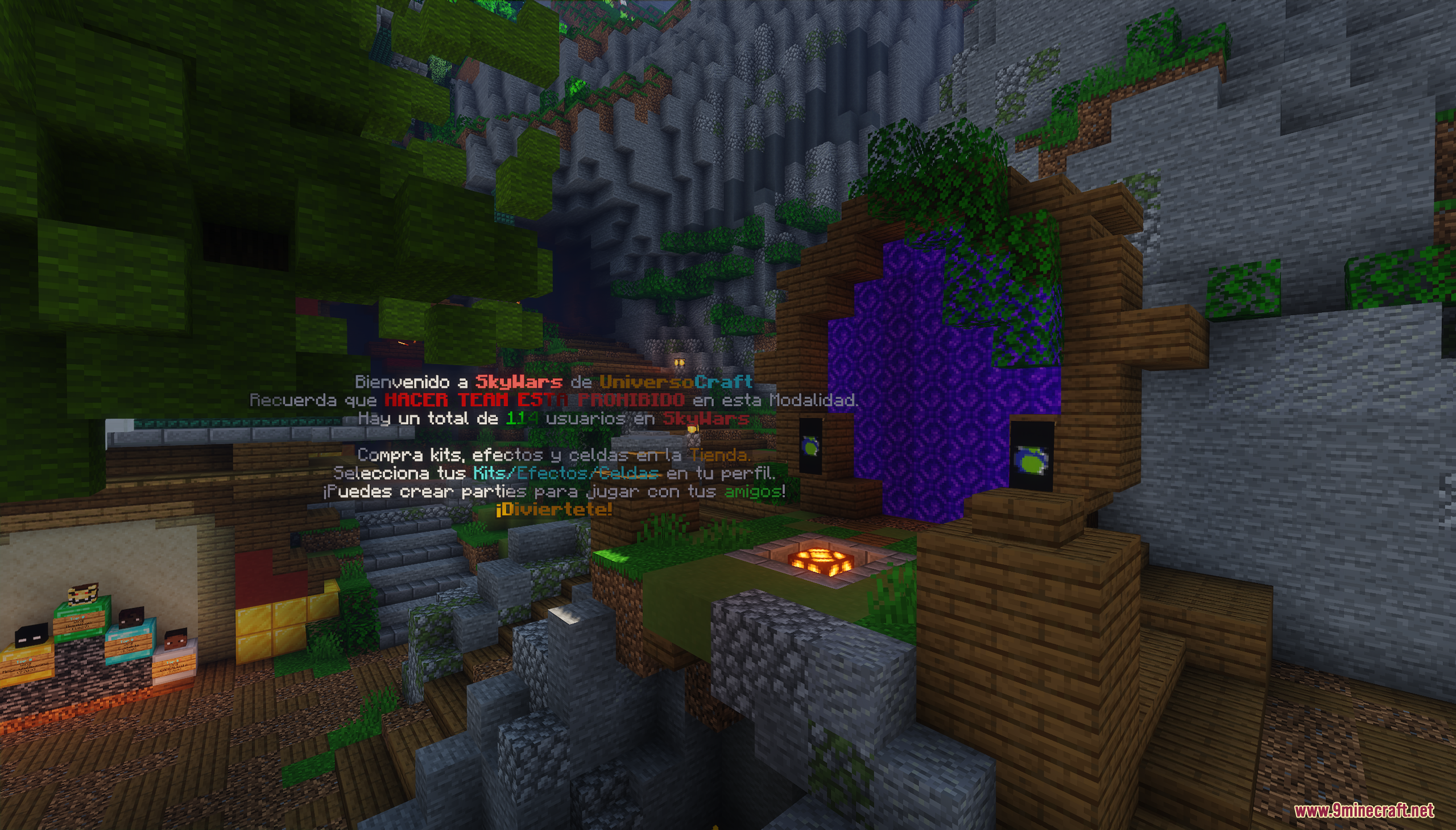 A purple portal inside a wooden structure in the SkyWars lobby map
