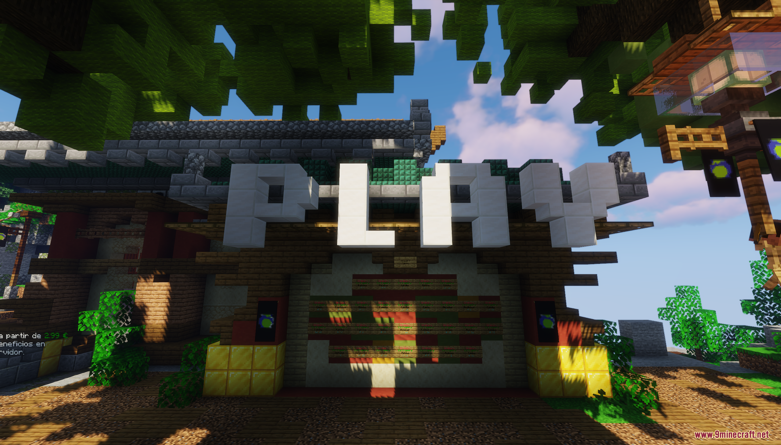 A large white sign that says PLAY above a wooden building entrance