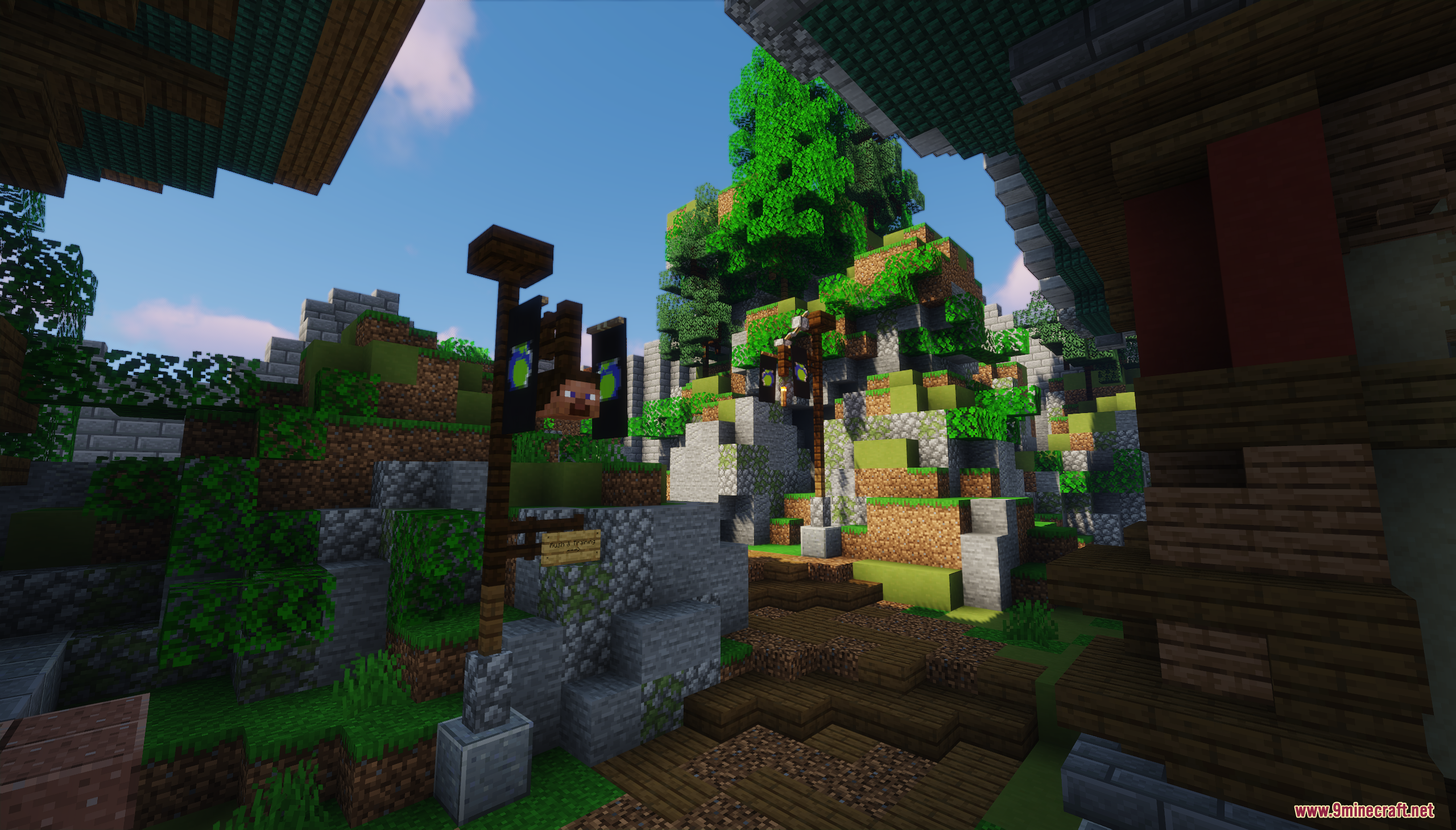 A detailed path in the SkyWars lobby map with custom player banners