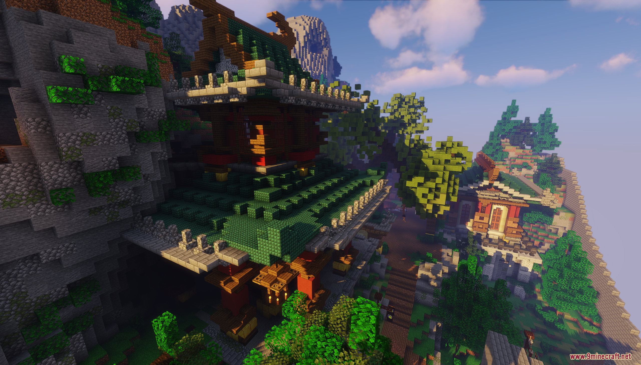 Majestic oriental temple with green roofs built into a steep mountain cliff