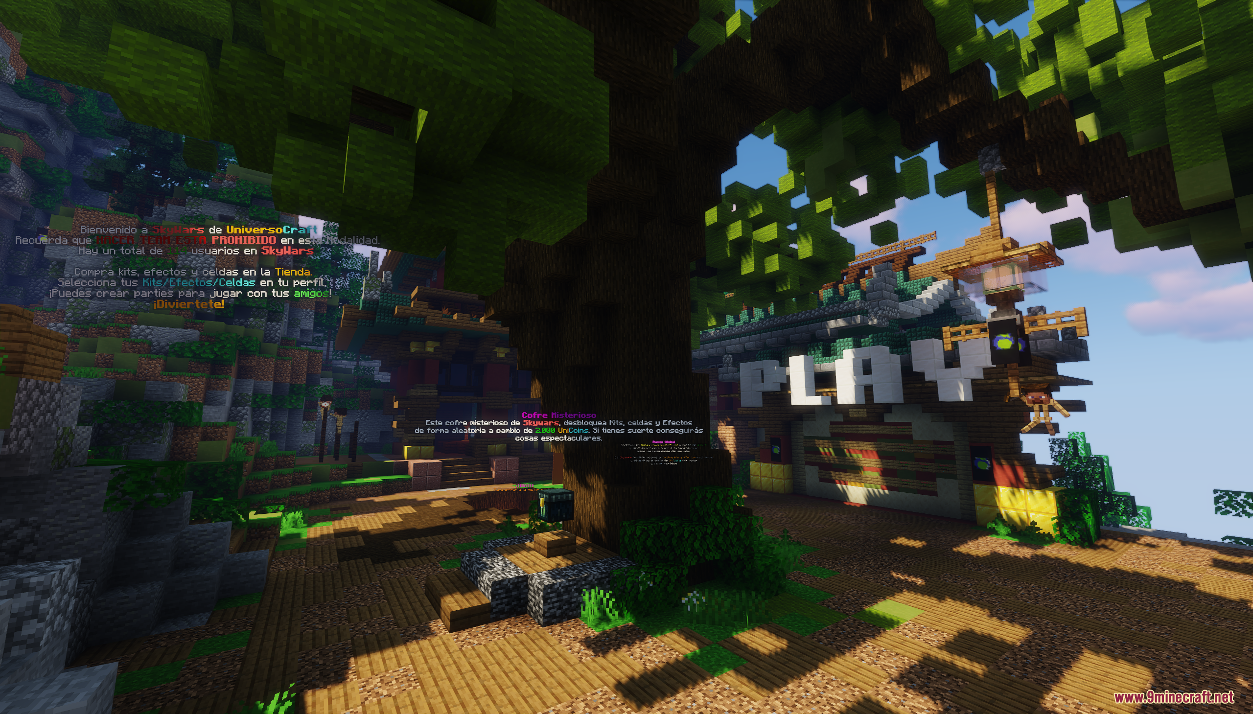A large tree stands in the SkyWars lobby map with a play sign
