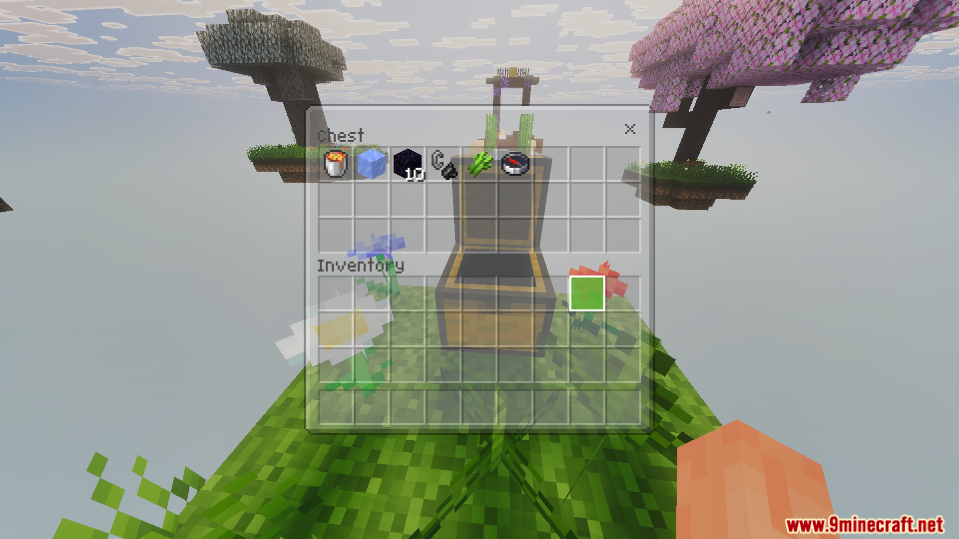Skyblock Survival Void Island Challenge Map Screenshot 1 Opening a starter chest containing obsidian and ice blocks on a floating island