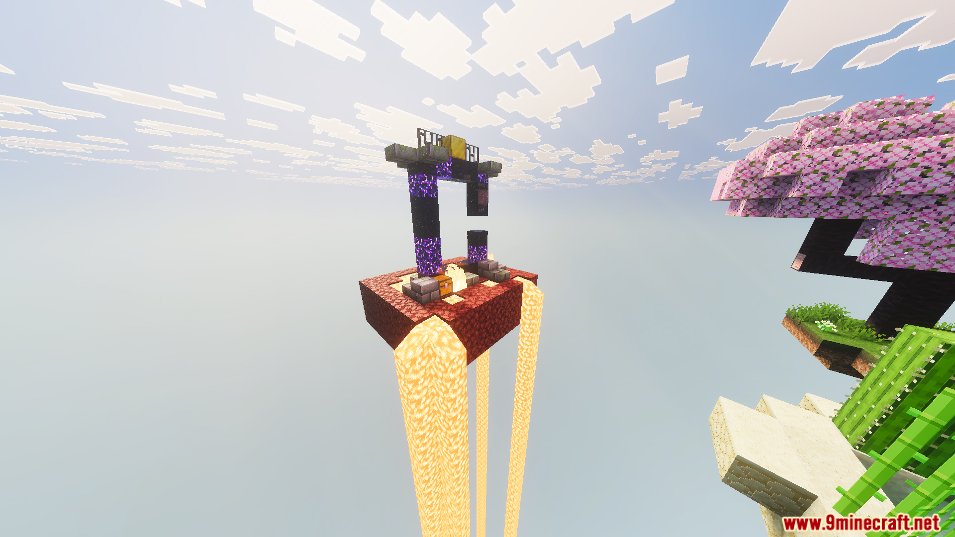 Skyblock Survival Void Island Challenge Map Screenshot 4 Floating netherrack island with a ruined portal structure and falling lava streams