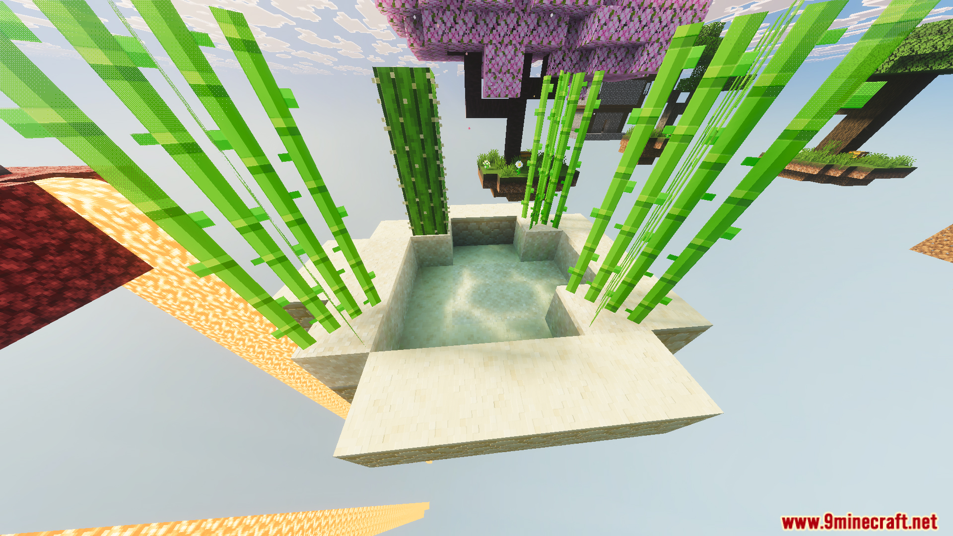 Skyblock Survival Void Island Challenge Map Screenshot 5 Small floating sand island with sugar cane and cactus in the sky