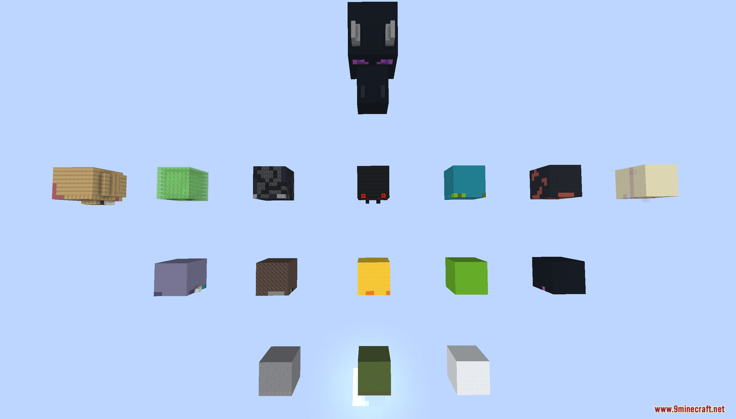 Overhead view of several giant mob heads arranged in a grid pattern