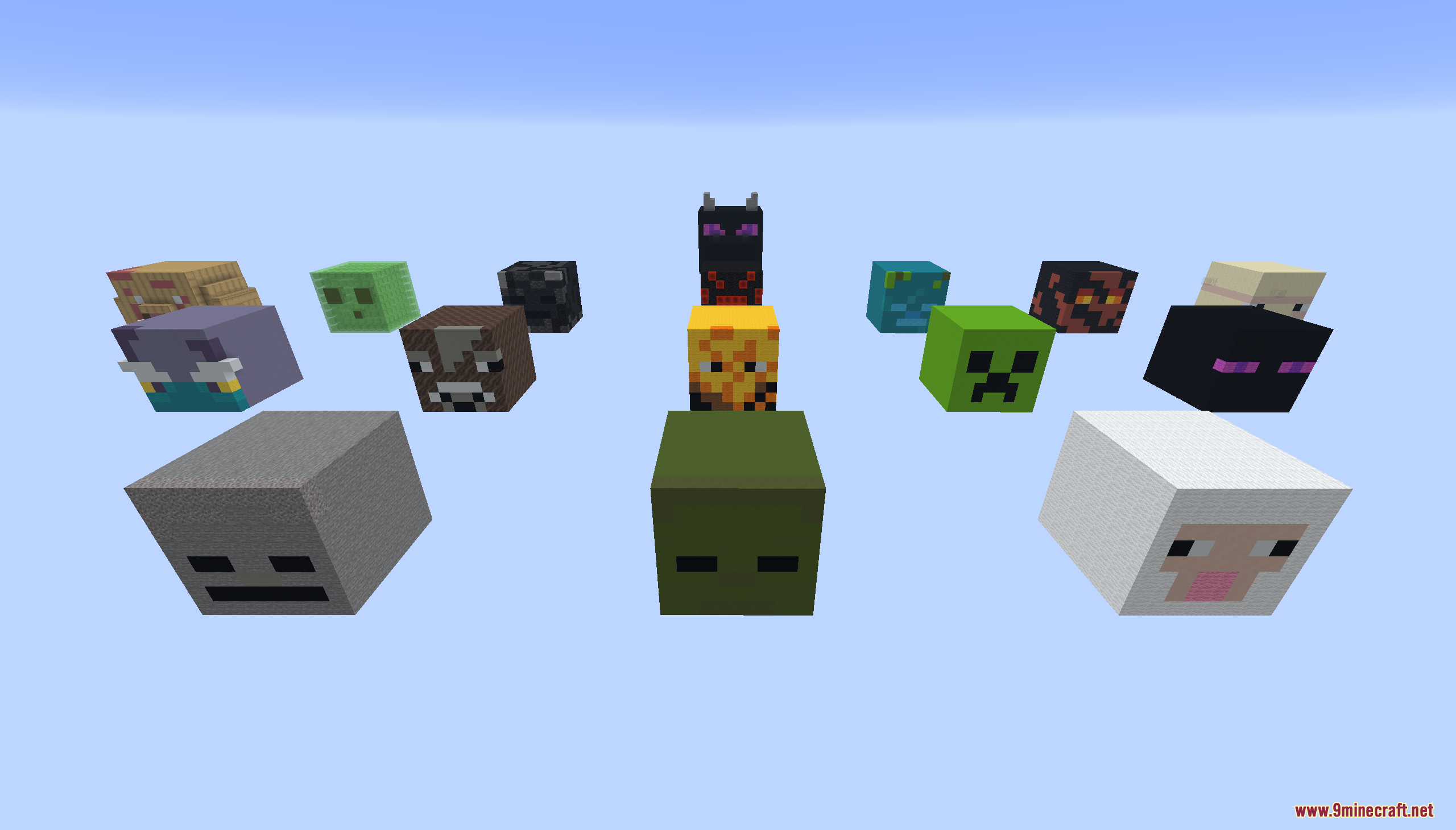 Various massive mob heads floating in the sky for a survival challenge