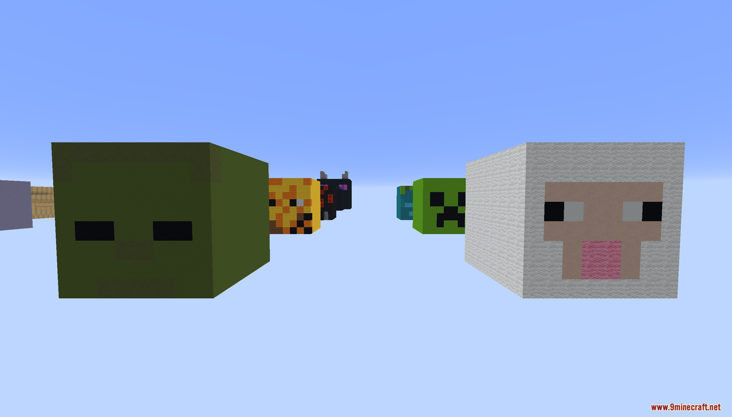 Massive blocks shaped like Zombie and Sheep faces floating in the air