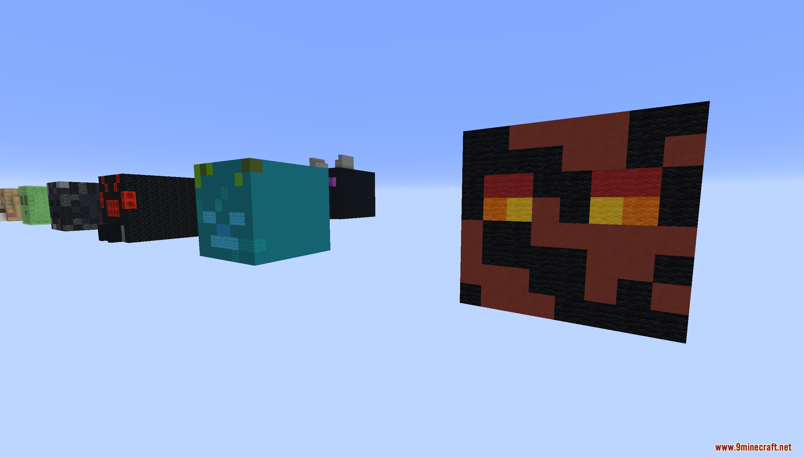 A massive Magma Cube head floating near other giant monster head islands